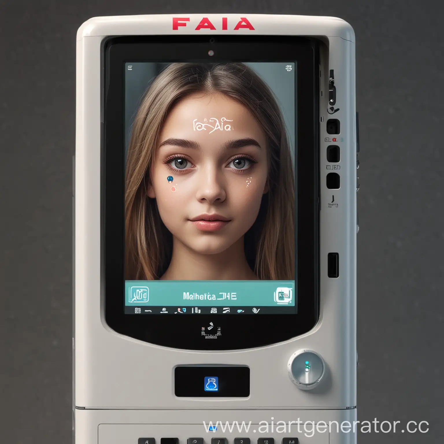 Вендинговый автомат по продаже лекарственных средств с надписью "FAIA" с экраном с эквайрингом с системой распознавания лиц. Кнопки "Спросите меня" на картинке лицо девушки из будущего
