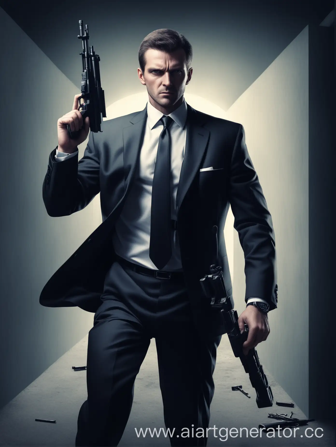 secret agent in a suit and tie, with a weapon, on a secret mission