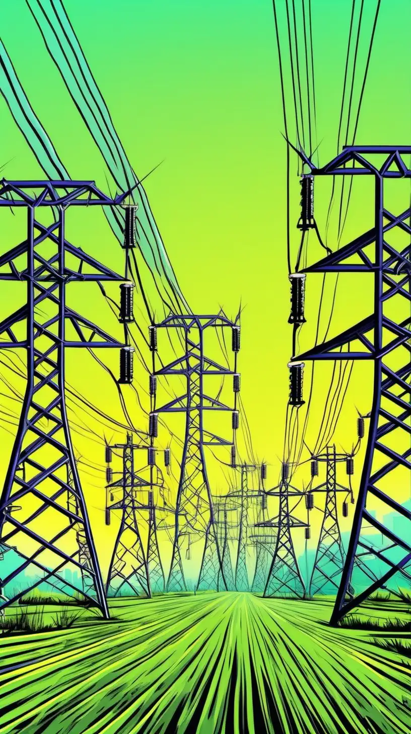Cartoony color. A field of High tention electrical towers