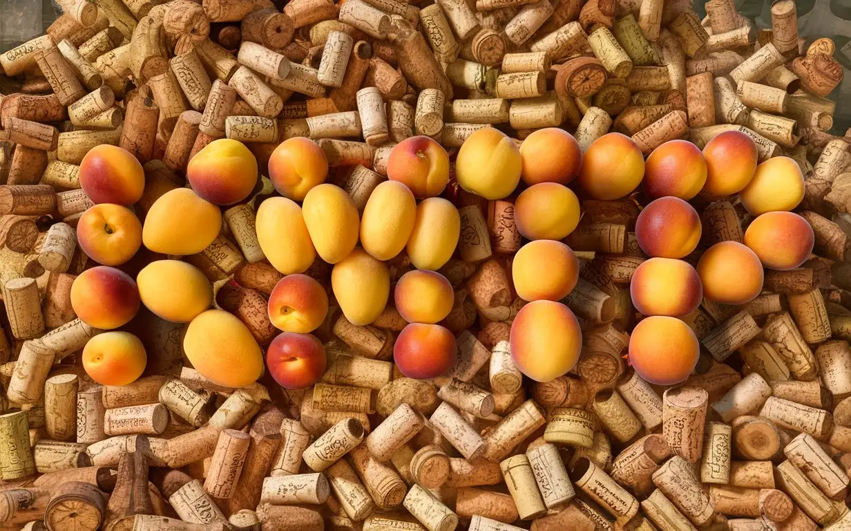 Write the word “KMTP” large using ripe, juicy apricots against a background of a large pile of wine corks. realistic