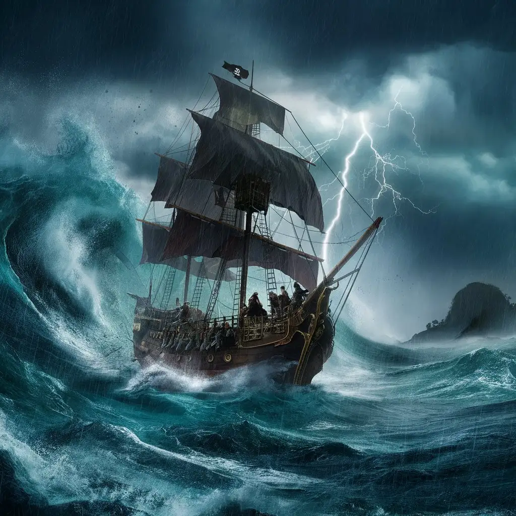 a pirate ship in stormy sea