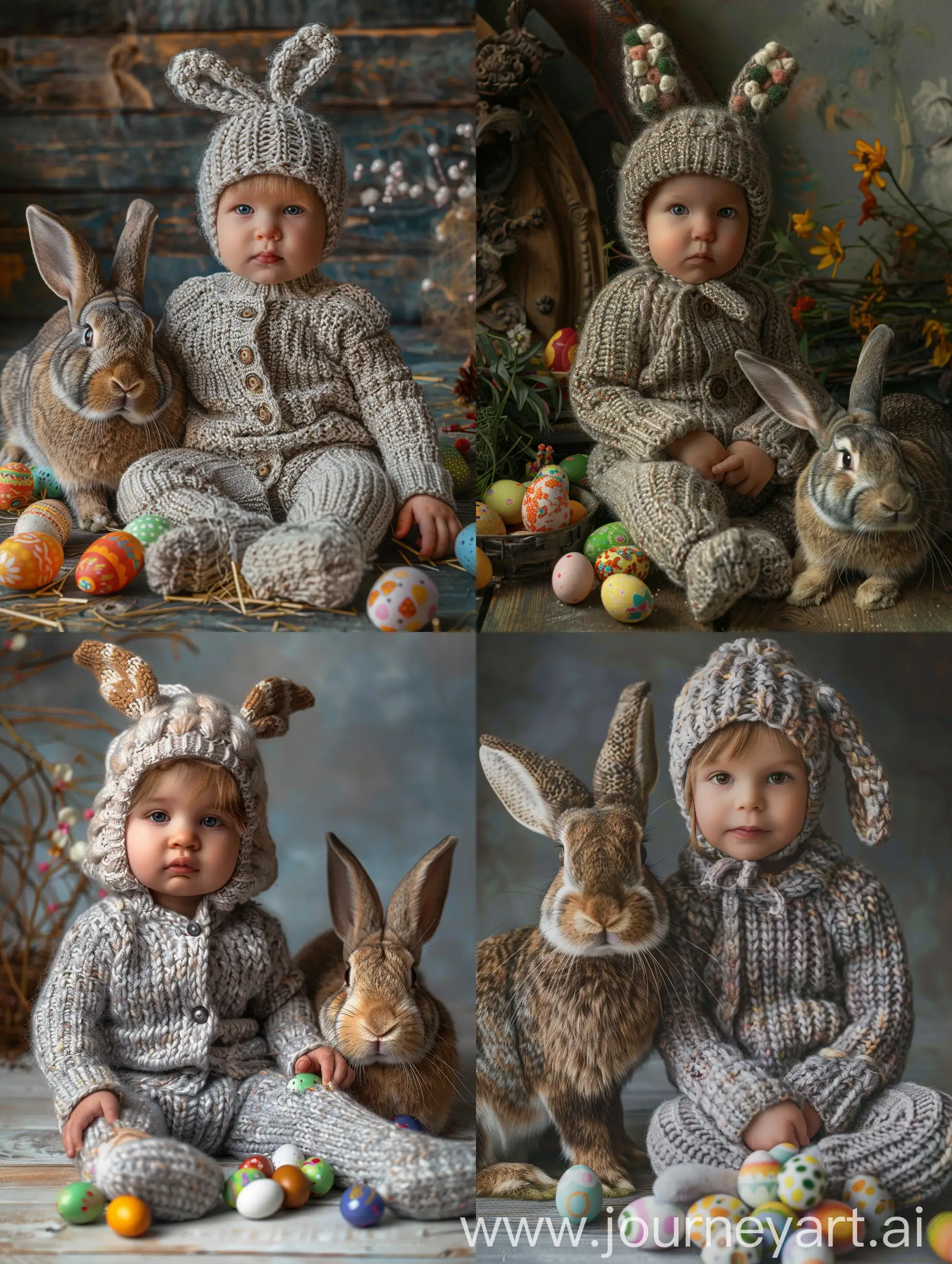 Portrait Small child sitting in a knitted suit, in a hat with knitted bunny ears, next to a live rabbit, his face is clearly visible, looking directly into the camera, next to lying multicolored Easter eggs, detail, hyperrealism portrait shooting close-up, delicate colors