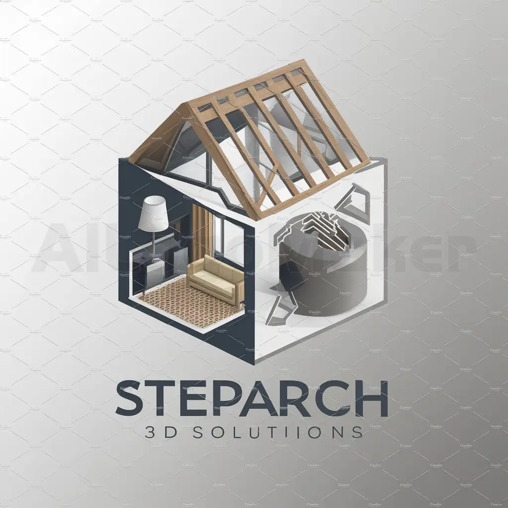 a logo design,with the text "StepArch 3D Solutions", main symbol:a cube showing on one side the interior of the apartment, a living room with a lamp, a sofa, a carpet and a window on the wall, the other side of the cube showing 3D modeling of the solid and partially 3D printing, and the top of the solid are broken lines in the form of a triangle symbolizing the unfinished, transparent wooden vaulted roof,Moderate,be used in Technology industry,clear background