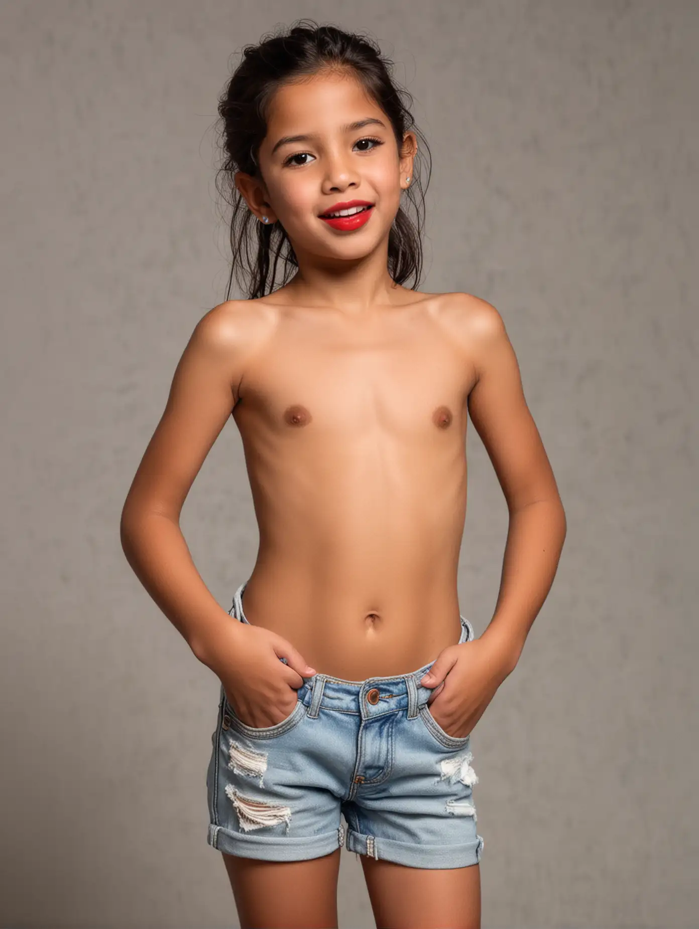 Sexy, topless, red lipstick, skinny, ten year old Latina girl    hands in pockets.