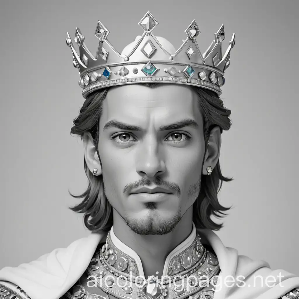 Portrait of a handsome king with a magnificent bejeweled crown, Coloring Page, black and white, line art, white background, Simplicity, Ample White Space. The background of the coloring page is plain white to make it easy for young children to color within the lines. The outlines of all the subjects are easy to distinguish, making it simple for kids to color without too much difficulty