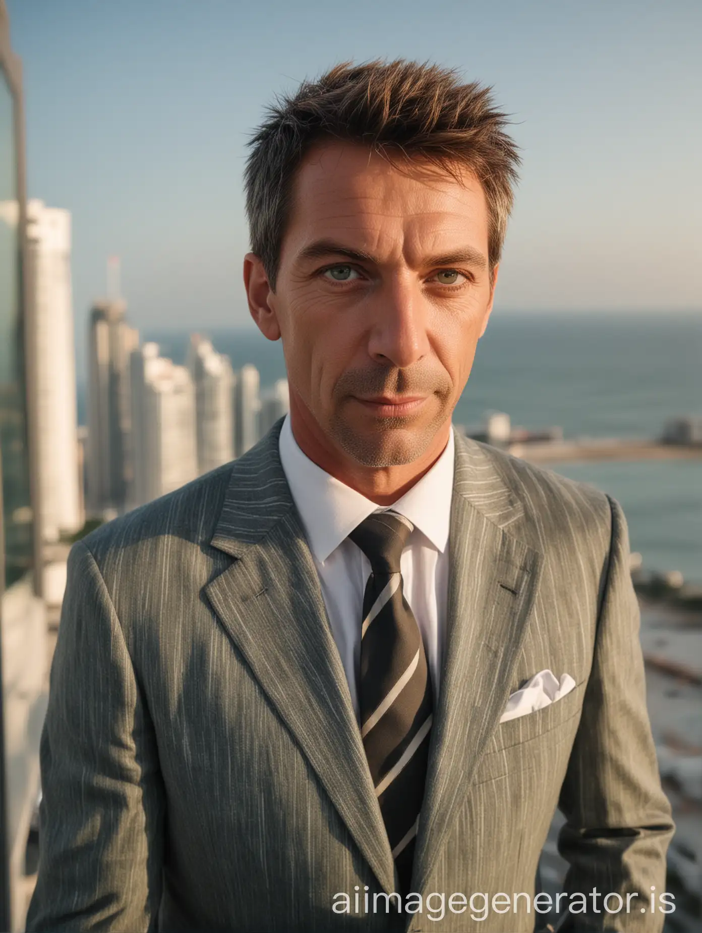beautiful elegant German businessman 53 years old green eyes very short haircut look direct to camera wearing Armani classical casual suit with Stripes and staying business lounge balcony Panama City skyscraper top floor to sunrise sea view