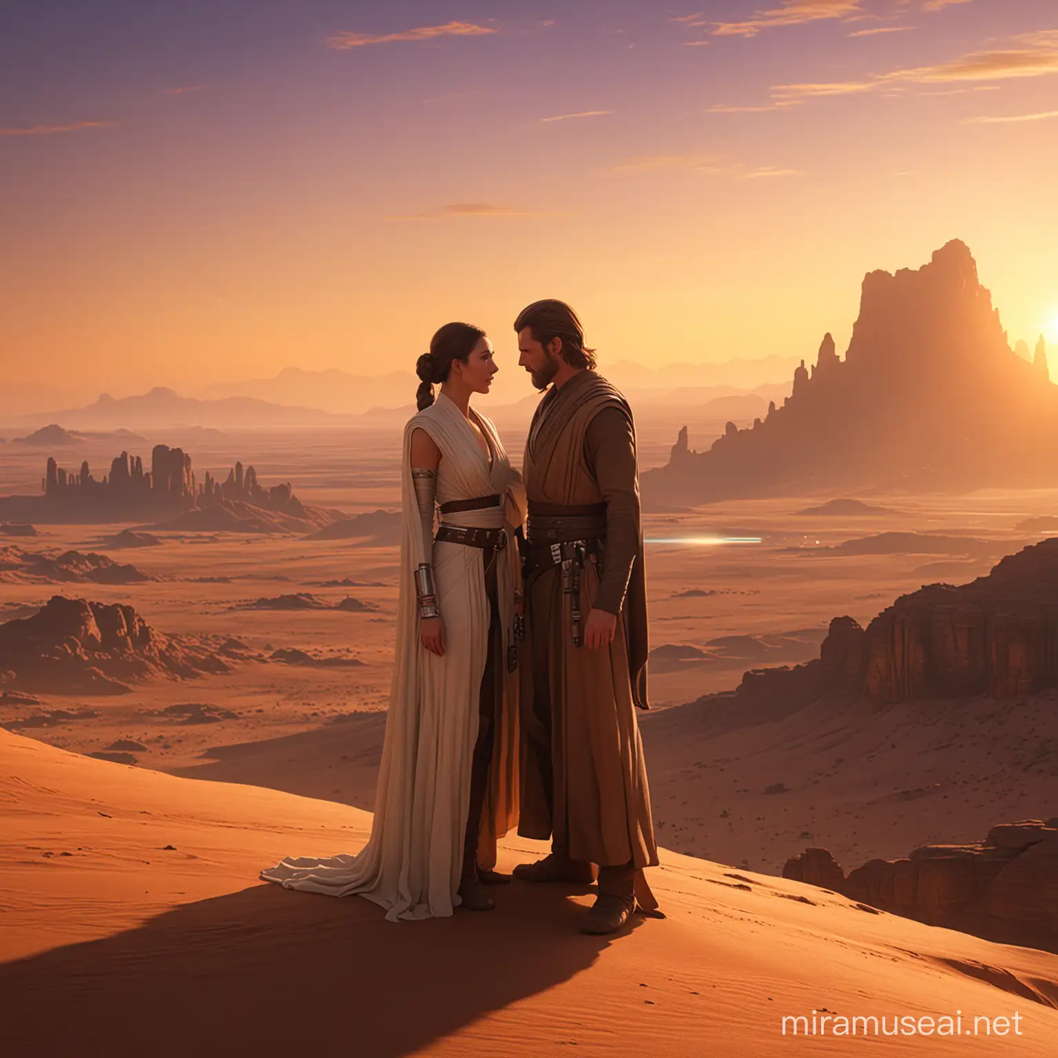 Ein männlicher Jedi und eine weibliche Jedi, auf einem Wüstenplaneten, während im Hintergrund die Sonne untergeht