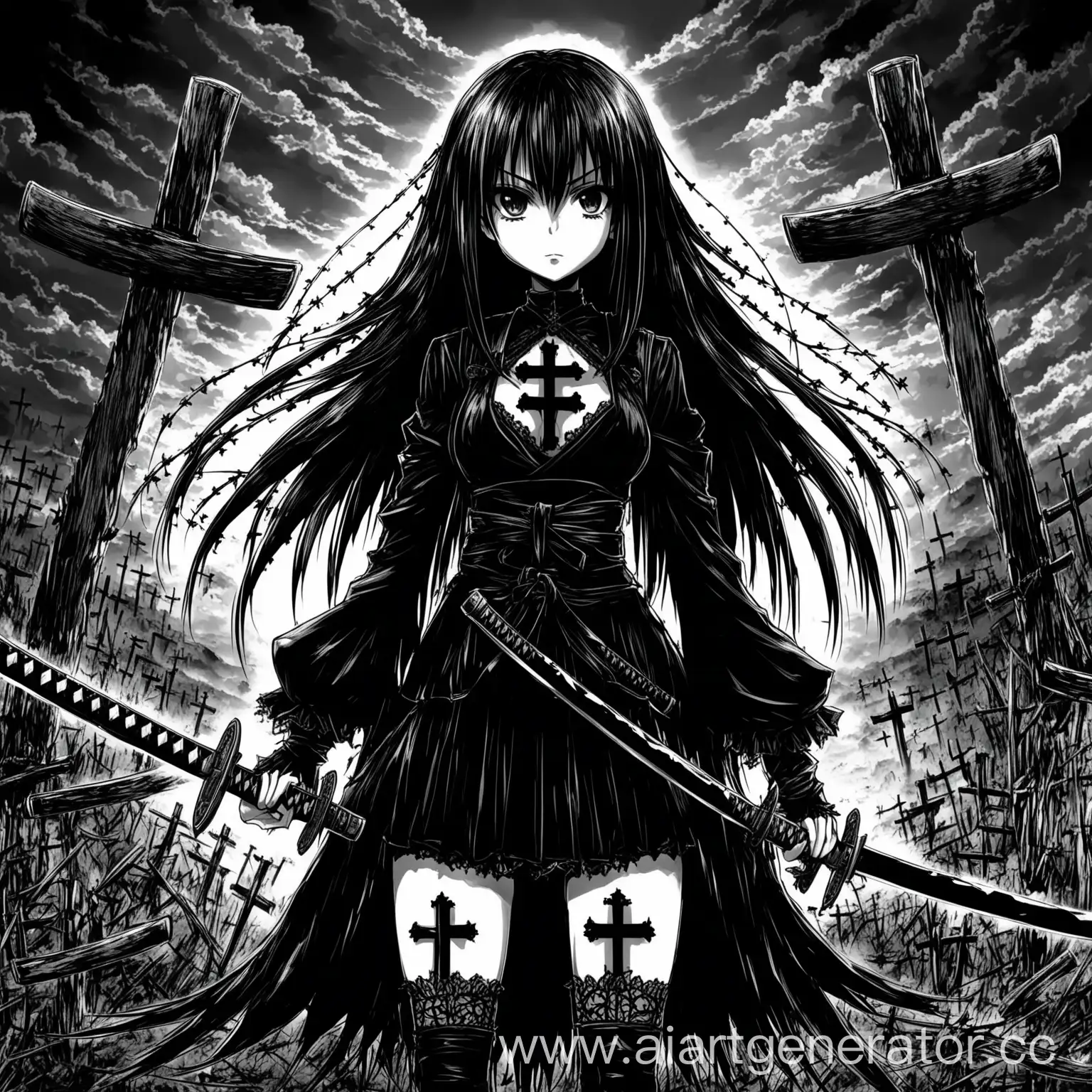 Gothic-Anime-Girls-with-Cross-and-Katana-Monochrome-Manga-Art
