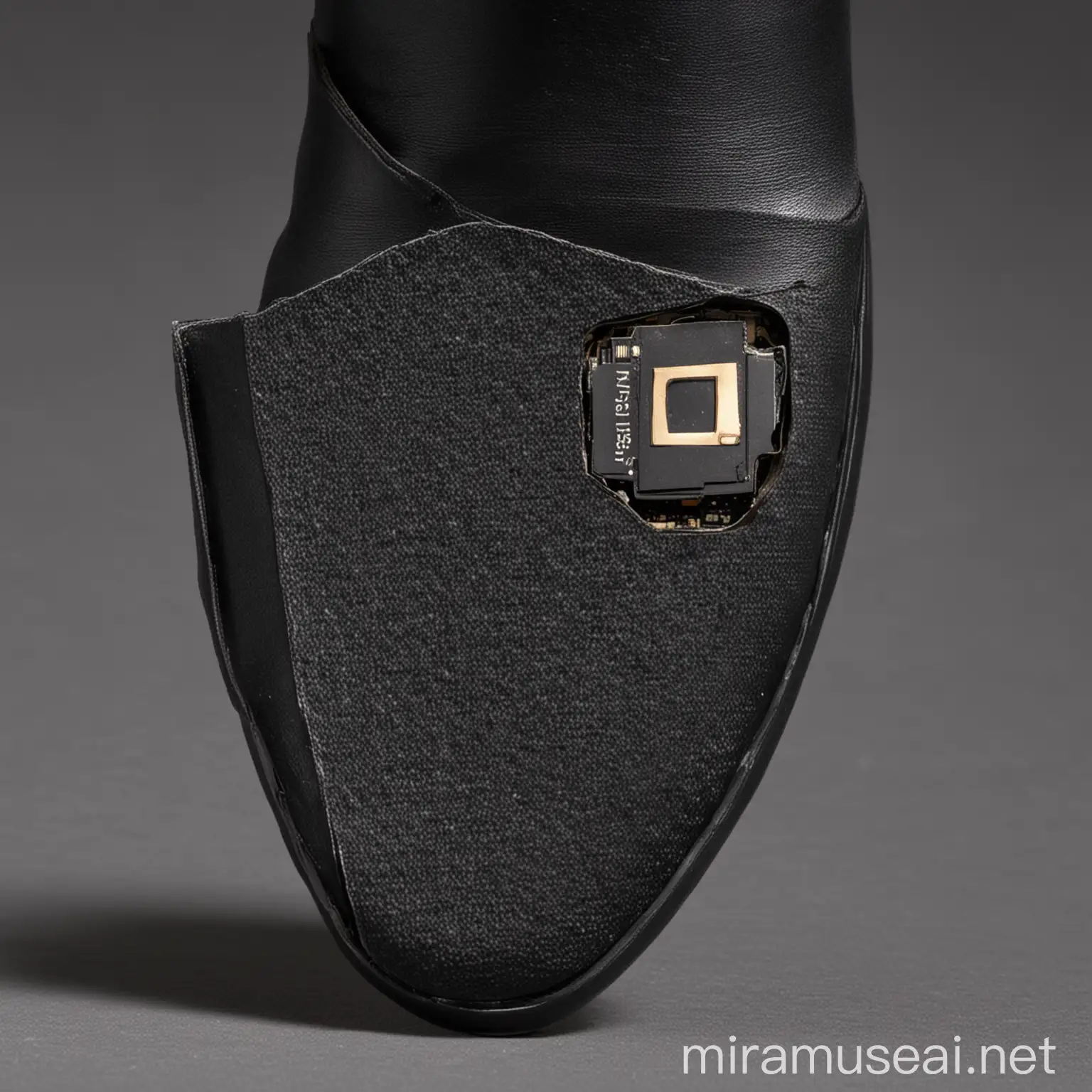 A chip that can be embedded into the back of a black shoe characterized by its split-toe silhouette

