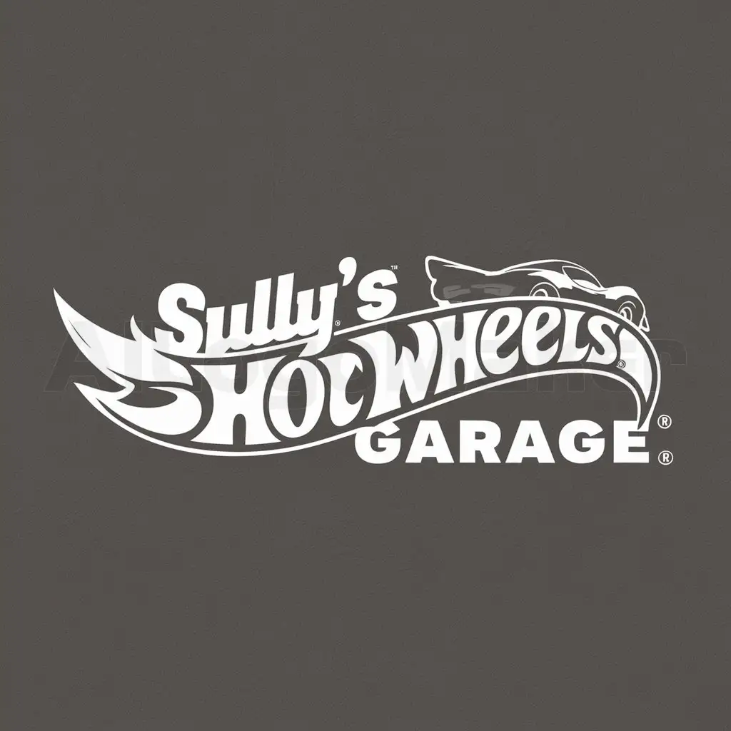 a logo design,with the text 'Sully's Garage', main symbol:Hot Wheels logo in white, beside text in Hot Wheels font,Moderate,no background, with car