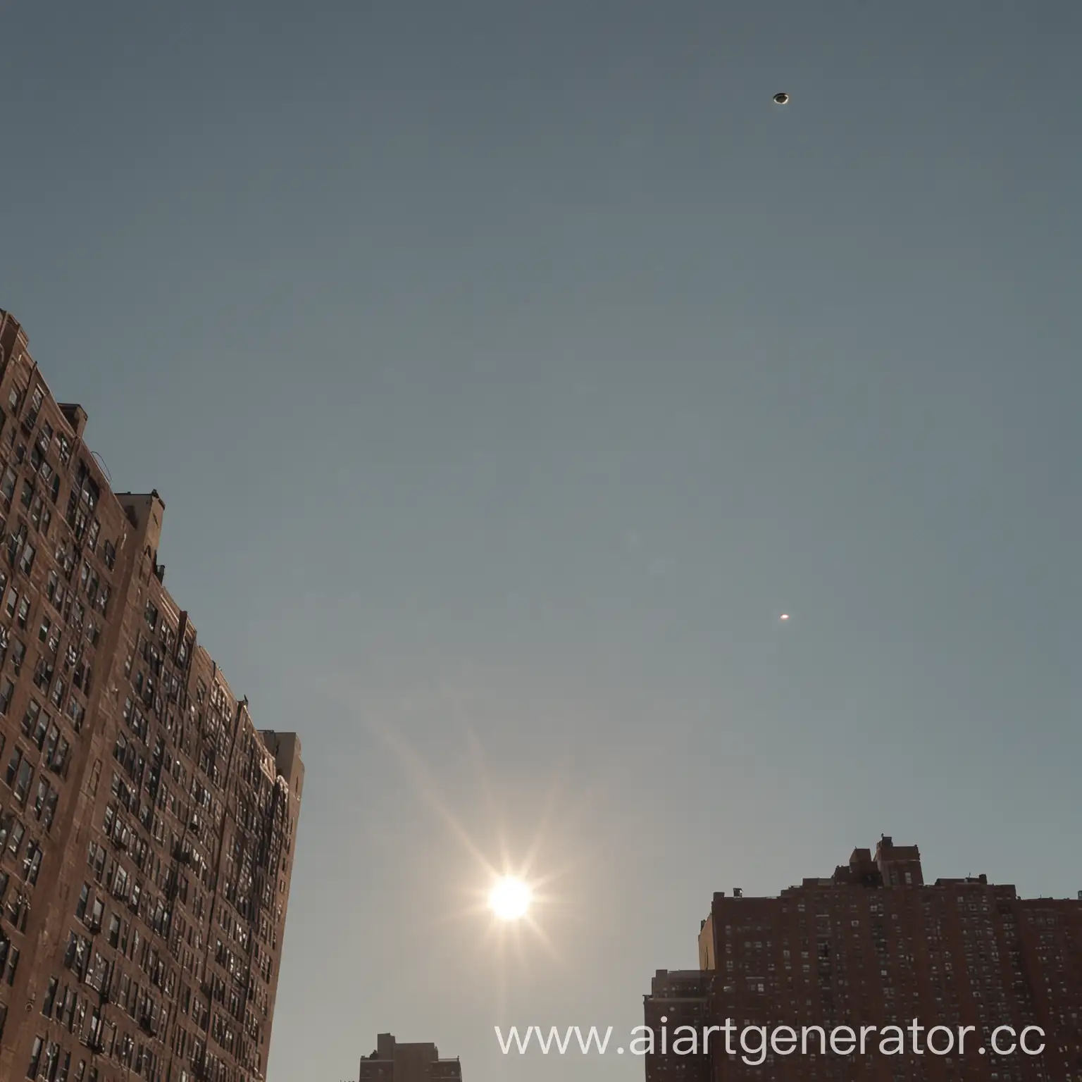 tiny UFO in sky Bronx morning looking up tall buildings