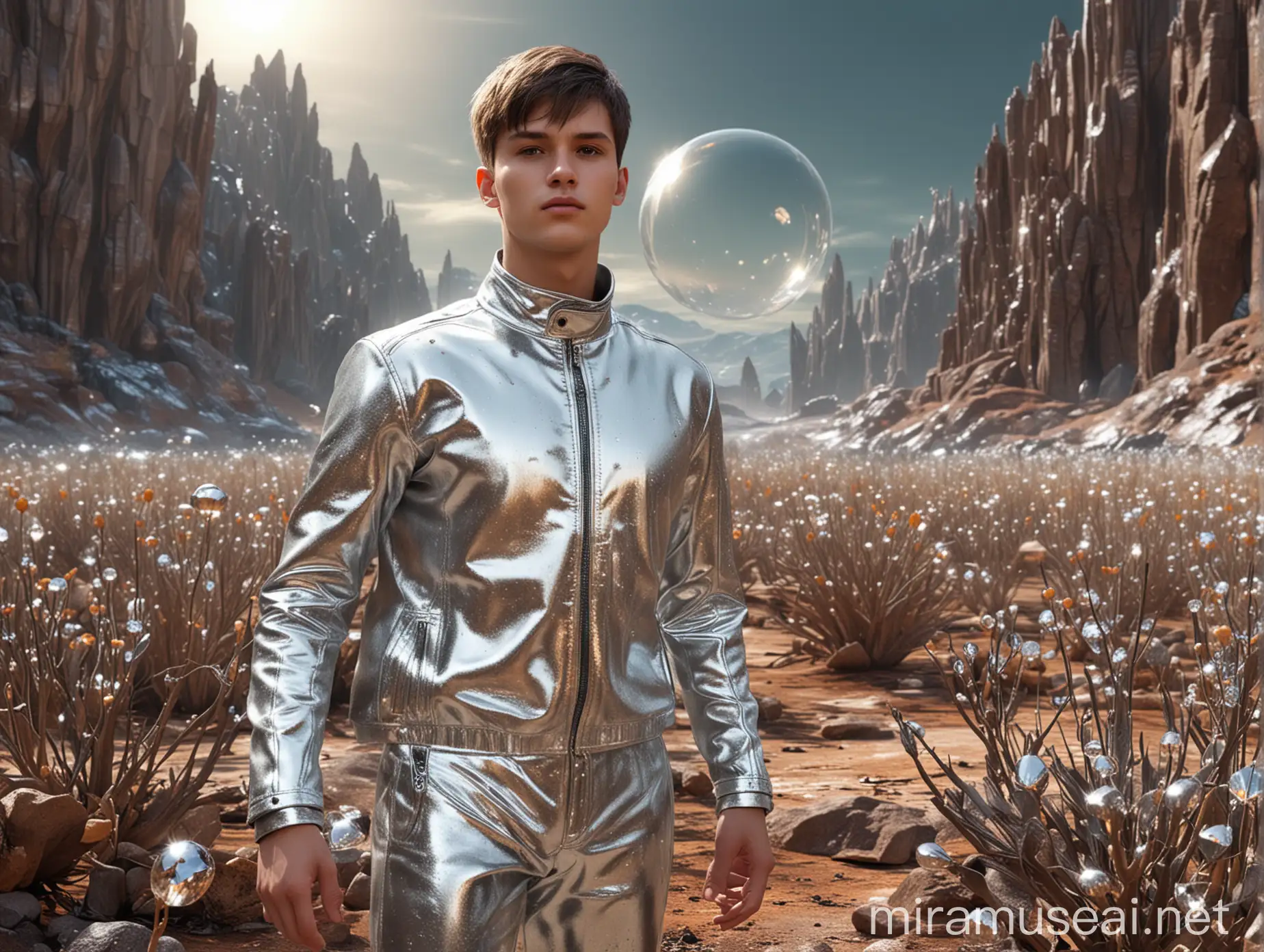 photo realistic, high quality, 19 year old attractive young man, male, ((european perfect face)), dark straight short hair, wearing silver metallic jacket and pants, standing, dynamic poses, background is surface of a distant alien planet, sheer crystal glass formations rise from the vibrant landscape, (strange alien bulbous treeplants), small golden conchs and shells, rocky terrain, low angle view