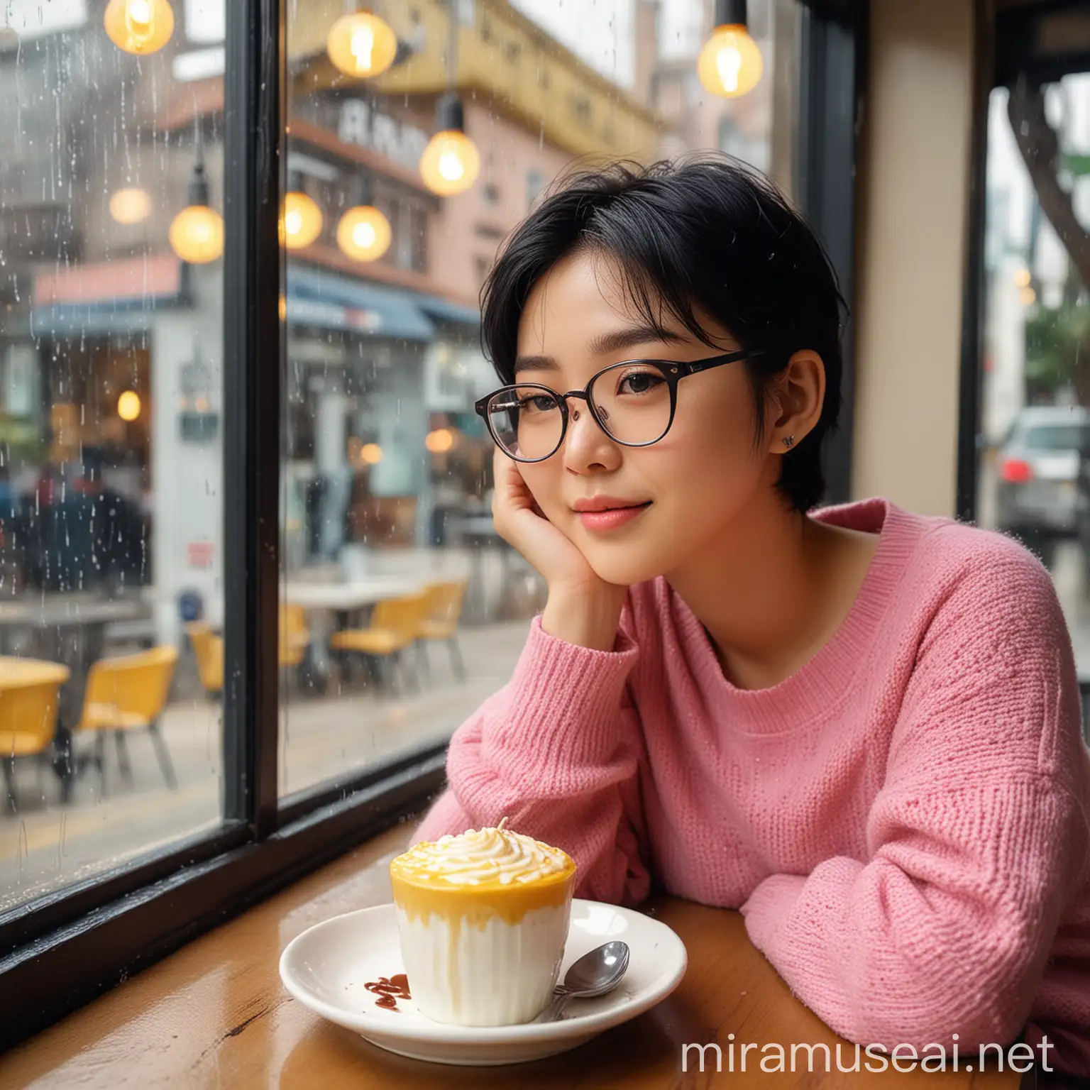 seorang wanita korea cantik berkaca mata, berambut hitam pendek,memakai swaeter merah muda,duduk di sebuah cafe,kopi di cangkir dan kue di piring kecil,di sebelah jendela kaca besar yang ber embun,hujan di luar rintik rintik,pagi hari,lampu cafe kuning,foto diambil dari sudut samping