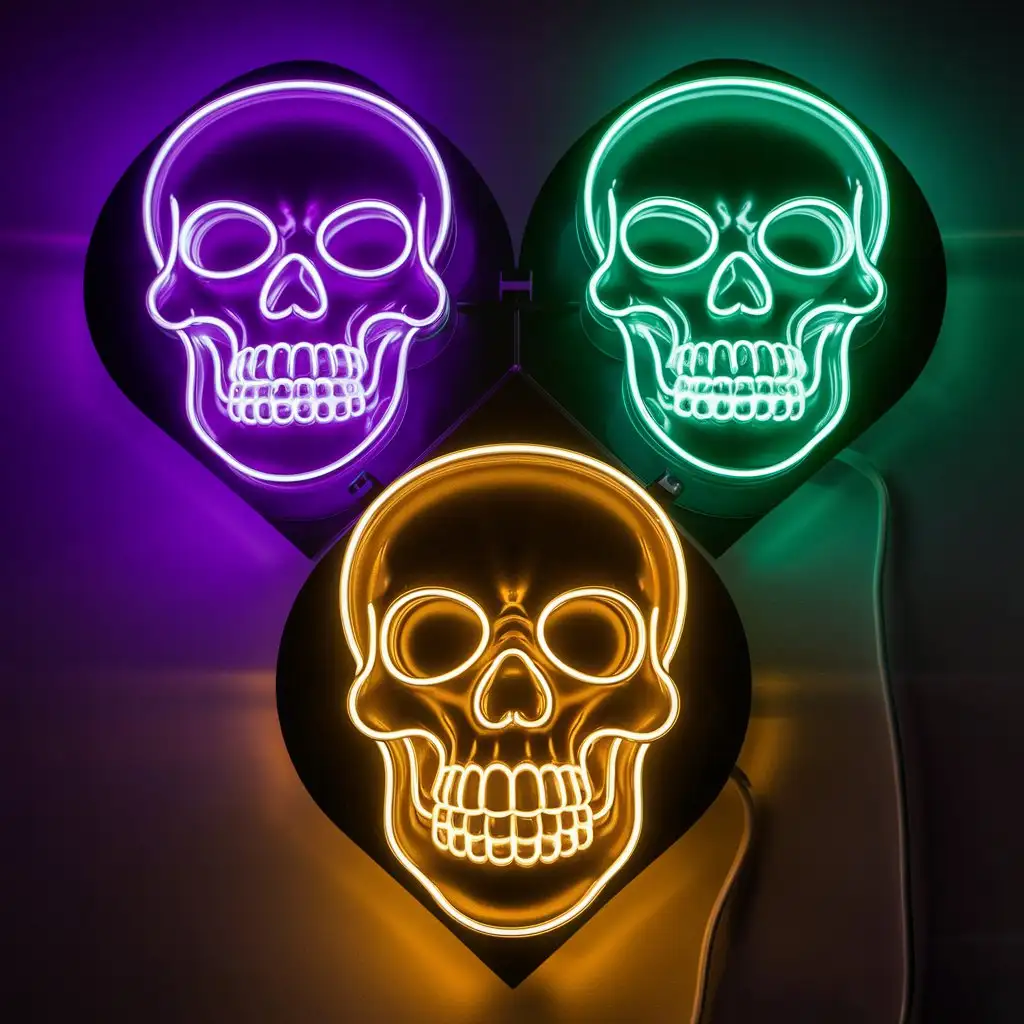 Glowing Skull Neon Signs Trio Purple Green and Gold Skull Shapes