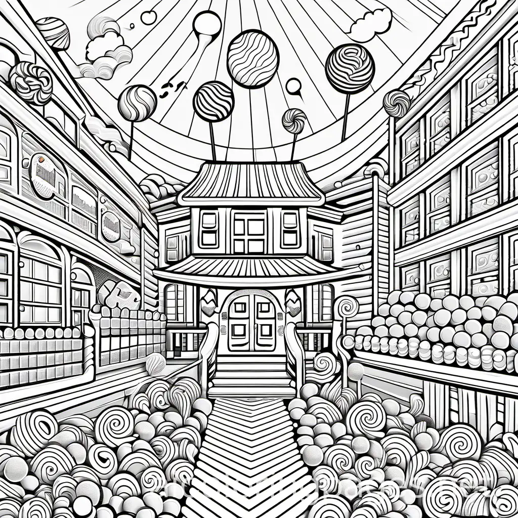 a candy wonderland, Coloring Page, black and white, line art, white background, Simplicity, Ample White Space. The background of the coloring page is plain white to make it easy for young children to color within the lines. The outlines of all the subjects are easy to distinguish, making it simple for kids to color without too much difficulty