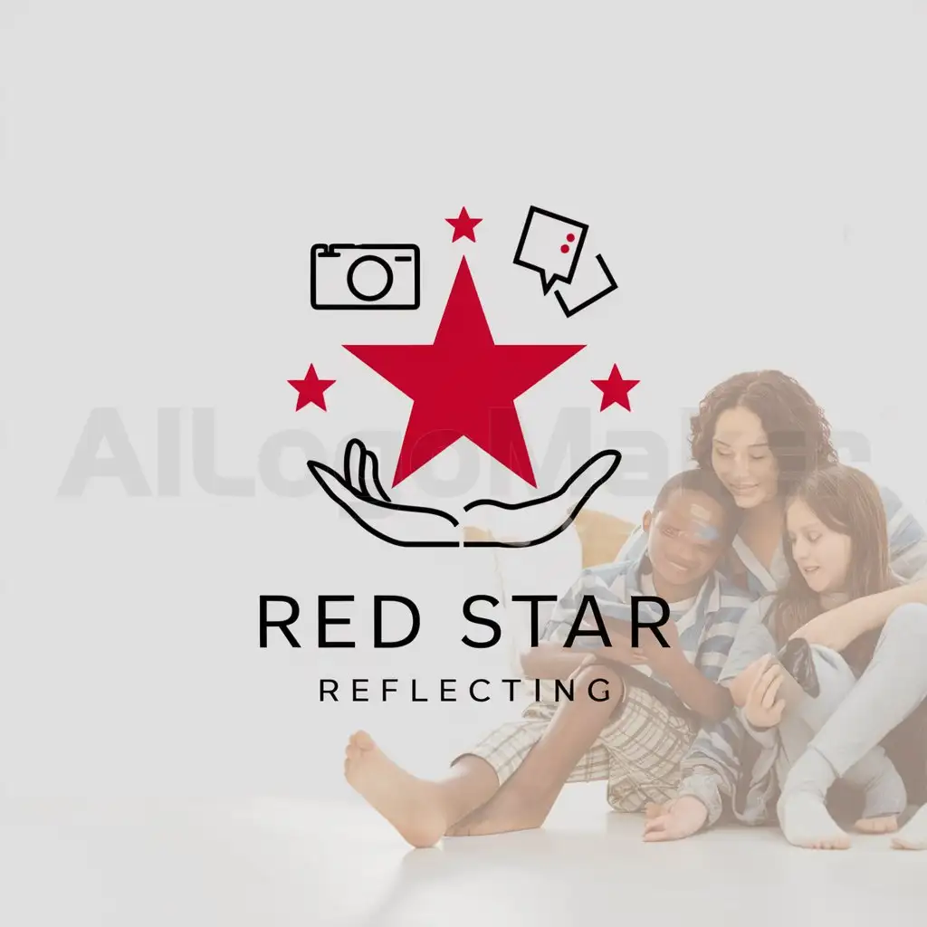 a logo design,with the text "red star reflecting", main symbol:camera, note, helping hand, red star,Moderate,be used in Nonprofit industry,clear background