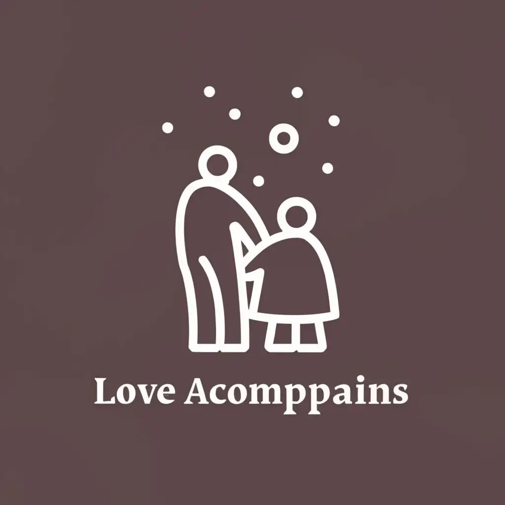 a logo design,with the text "Love accompanies.", main symbol:Elderly, children, holding hands, silhouette, dusk, simple sketches,Minimalistic,be used in Education industry,clear background