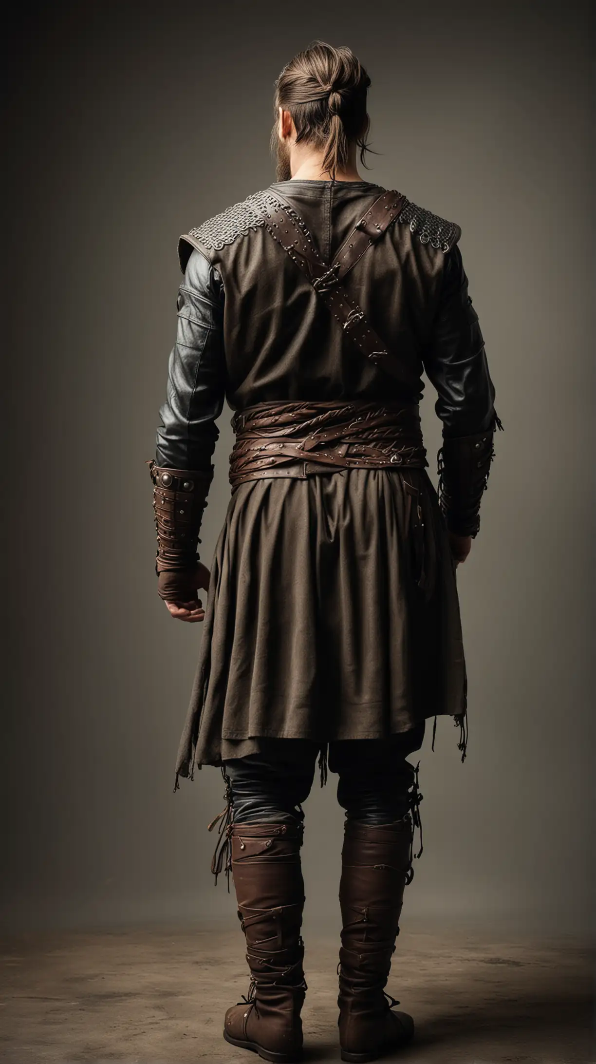 photo taken from behind, showing a muscular viking warrior, back view, no side or face shown, full body, short dark hair tied in knot, viking clothes, leather sleeves