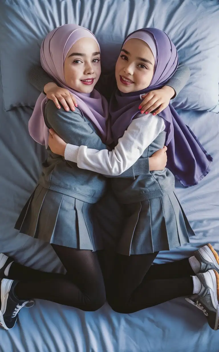 2 little porcelain skin girl.  14 years old. They wear a modern hijab, school skirt, black opaque tights, sport shoes.
They are beautiful. They kneel on the bed. well-groomed, turkish, quality face, plump lips.
Bird's eye view, top view, cool face, hugs. nail polish. 