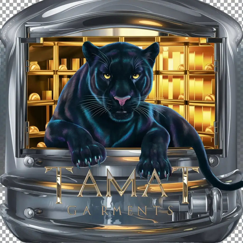 a logo design,with the text "Tiamat Garments", main symbol:Concept: A striking, high-contrast illustration with rich colors and intricate details. Panther Focus: Center the panther on the chest area. Use deep black tones for the panther’s fur with subtle hints of blue or purple highlights to give depth and a luxurious feel. The panther’s eyes should be a piercing, bright yellow to create a strong focal point. Safe and Gold Bars: the panther should be laying on top the open safe, making it look like the panther is laying perched on top of it. The safe should be illustrated with a metallic sheen, using shades of grey and silver to simulate steel. Inside the safe, depict gold bars with rich yellow and golden tones, reflecting light. Details and Accents: Add fine details like shadows and highlights to the panther and the safe to make the design pop. Use hints of reflective light on the gold bars to add realism. Background: Transparent background,complex,clear background