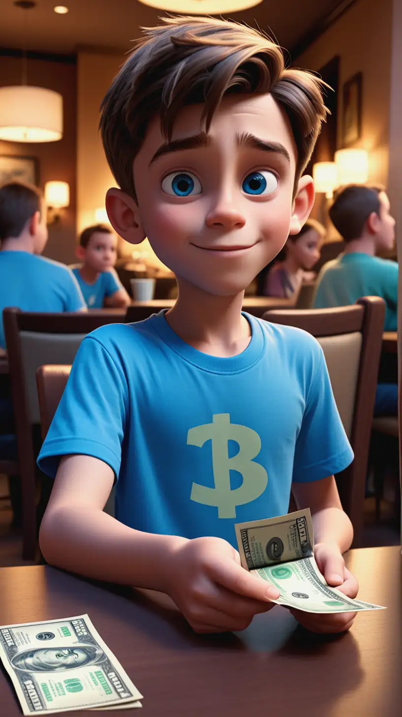 A close-up of a 10-year-old boy in a blue t-shirt holding one dollar note in his hand, at a hotel coffee shop table, Disney Pixar 3D animation style. 