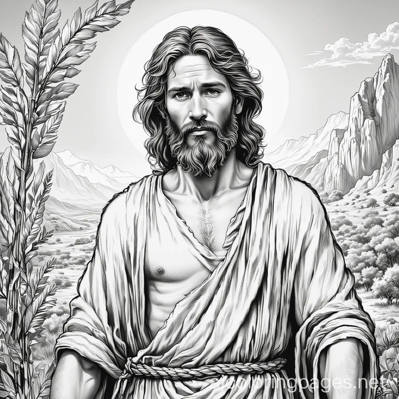 John the baptist of the bible black and white no background, Coloring Page, black and white, line art, white background, Simplicity, Ample White Space. The background of the coloring page is plain white to make it easy for young children to color within the lines. The outlines of all the subjects are easy to distinguish, making it simple for kids to color without too much difficulty