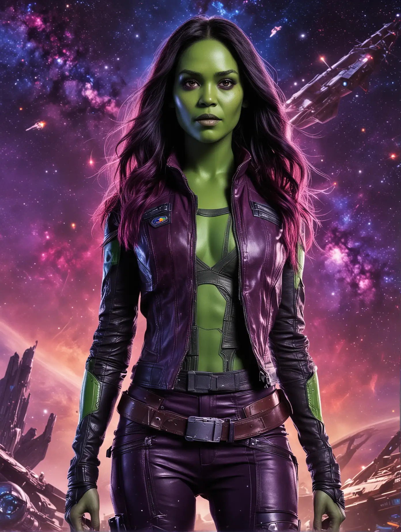 Gamora from the movie "Guardians of the Galaxy" wearing a cropped tight leather vest in a full body shot, with a beautiful face and hair streaked with purple, she is standing in front of an intergalactic space station background, with galaxys in the sky and vibrant colors in the style of a cinematic movie poster. --ar 29:37