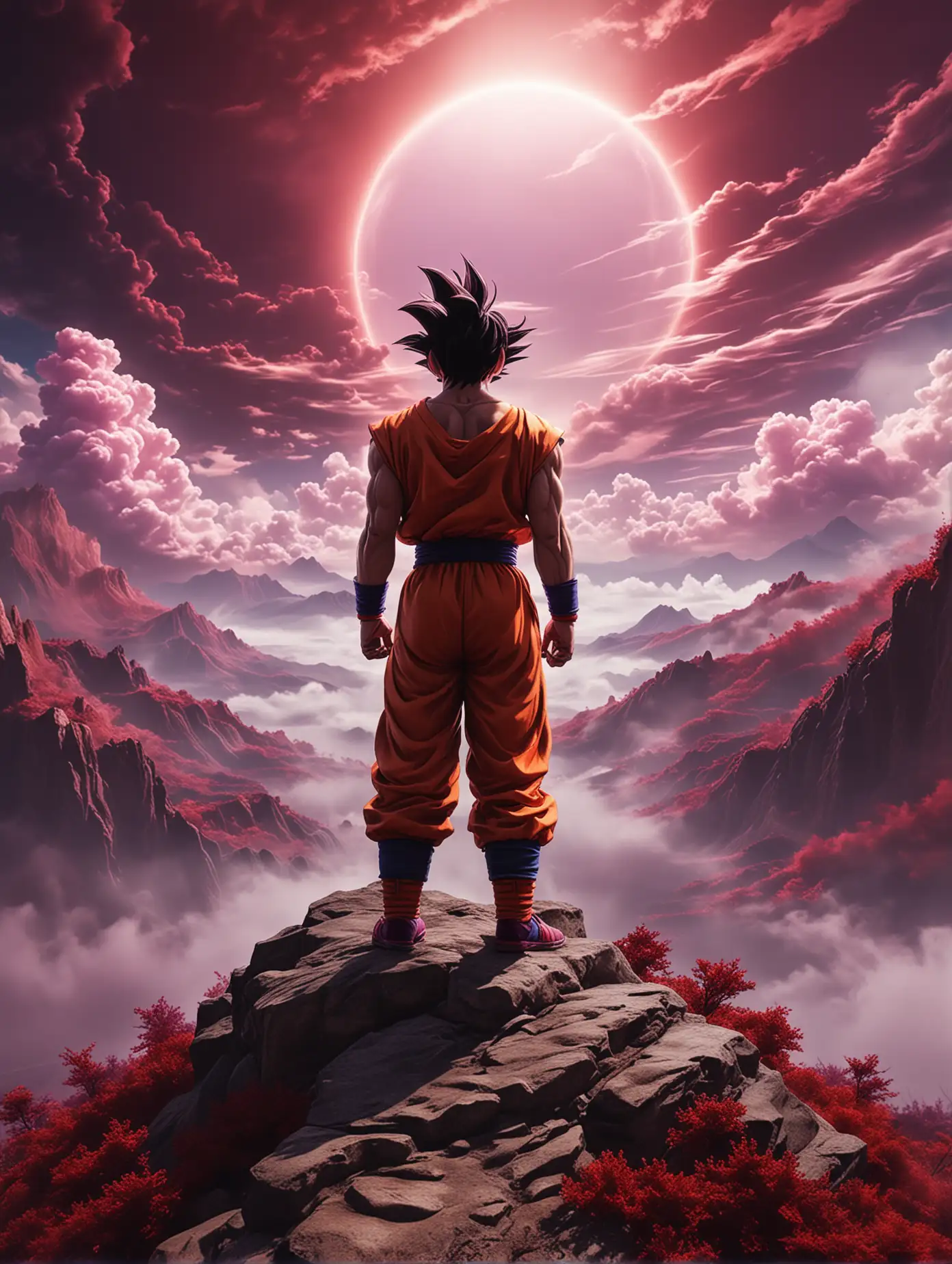 Goku Standing on the Mountain Top, red black clouds wavy Purple. Rainbow. Realistic. Film. Bright colour. Real