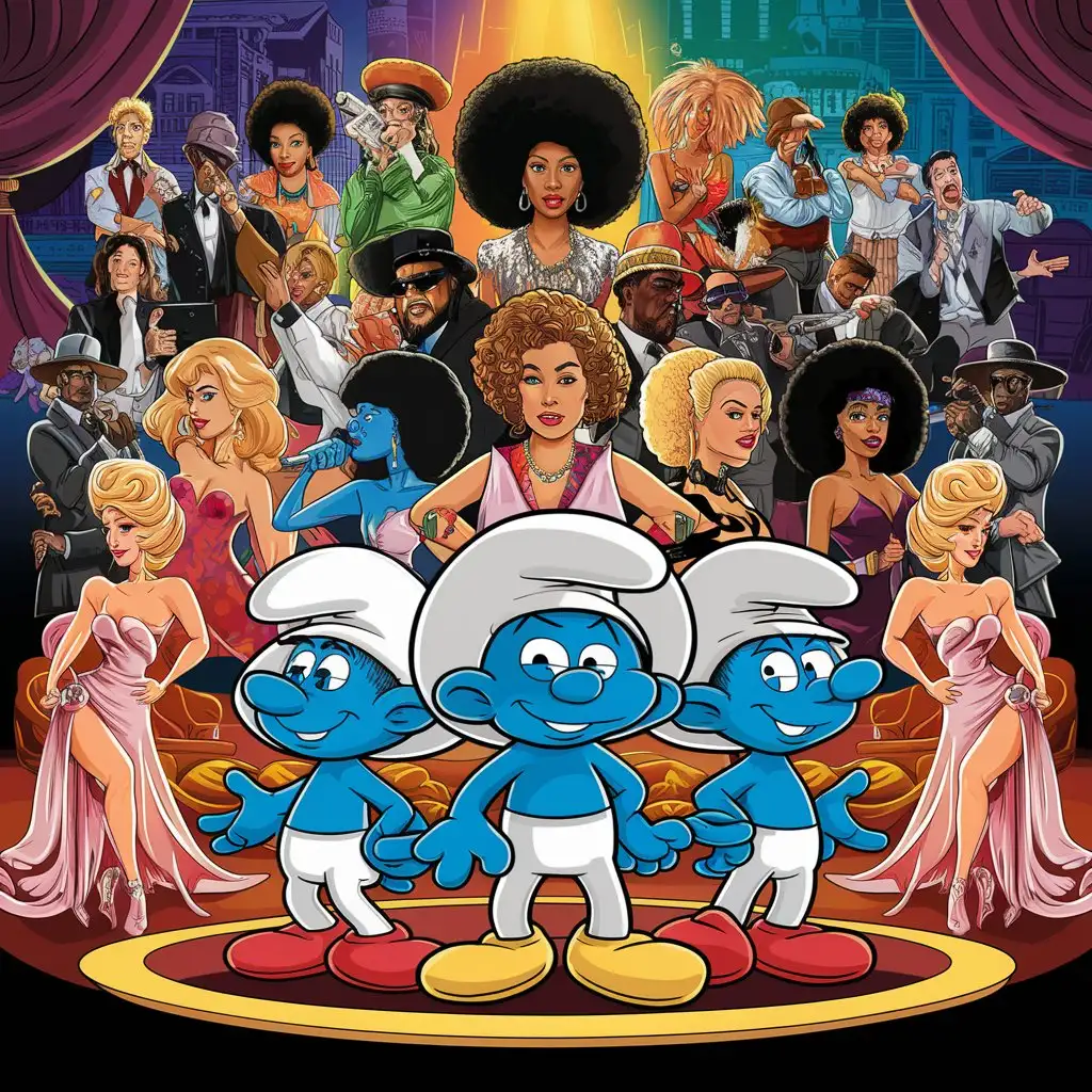 Dynamic-Blaxploitation-Smurfs-Poster-Singers-Dancers-and-Gangsters-in-Vibrant-AfroHaired-Illustration
