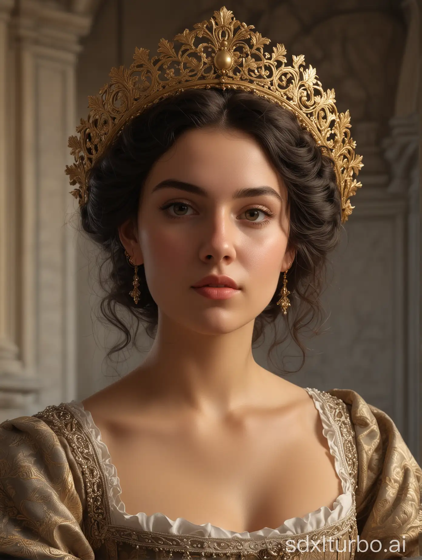 A fantastically drawn (((23-year-old woman))) with dark hair styled in a (((French Renaissance-inspired coif))), radiating with a (subtle inner glow) that complements her (sun-kissed complexion), advanced 8K photorealistic concept art render with incredibly realistic volumetric lighting and a chiaroscuro aesthetic that elevates it to a true masterpiece, showcasing a (masterfully crafted homemade dress) featuring intricate details that defy reality