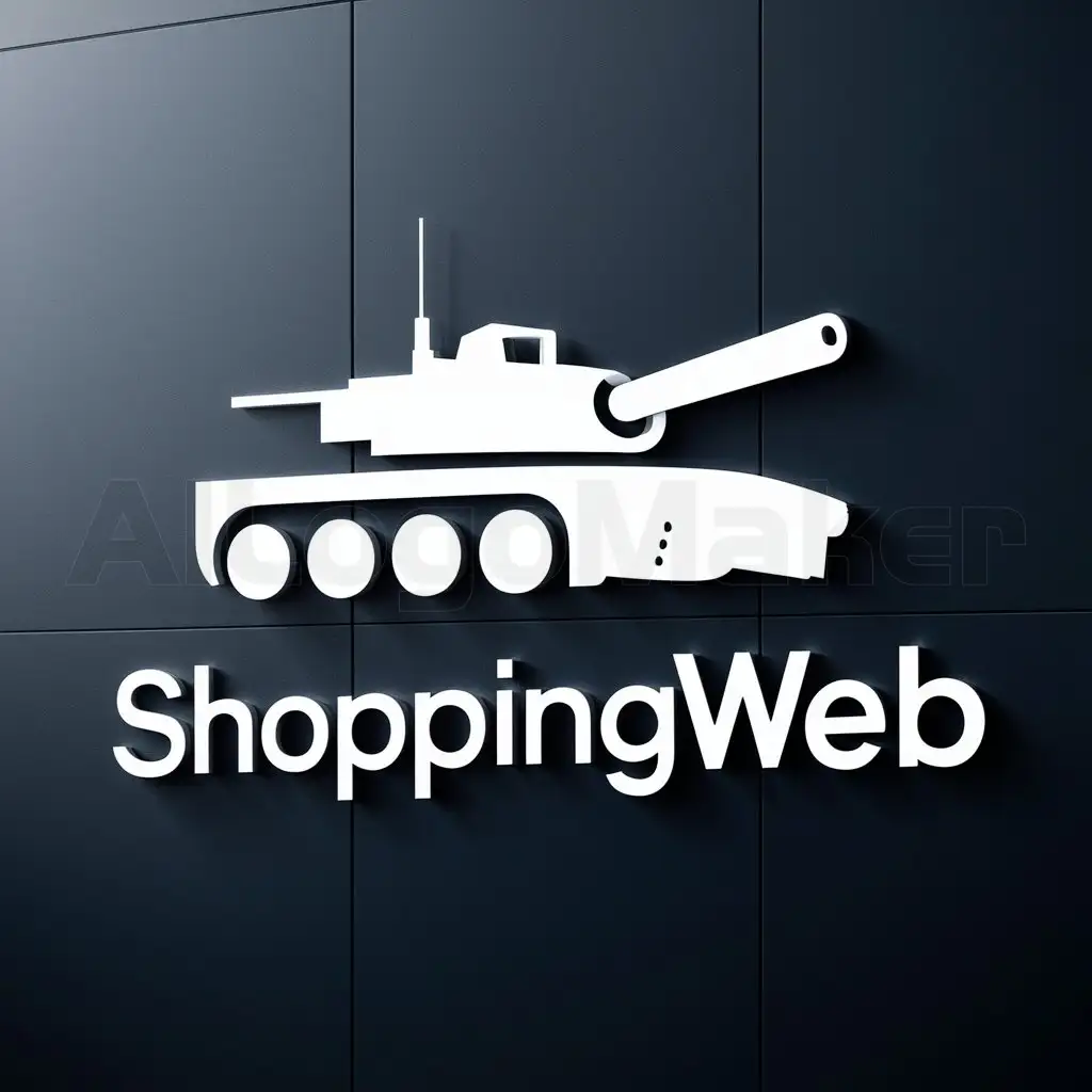 a logo design,with the text "ShoppingWeb", main symbol:symbol of background white and a Samsung k9 tank,complex,be used in Internet industry,clear background