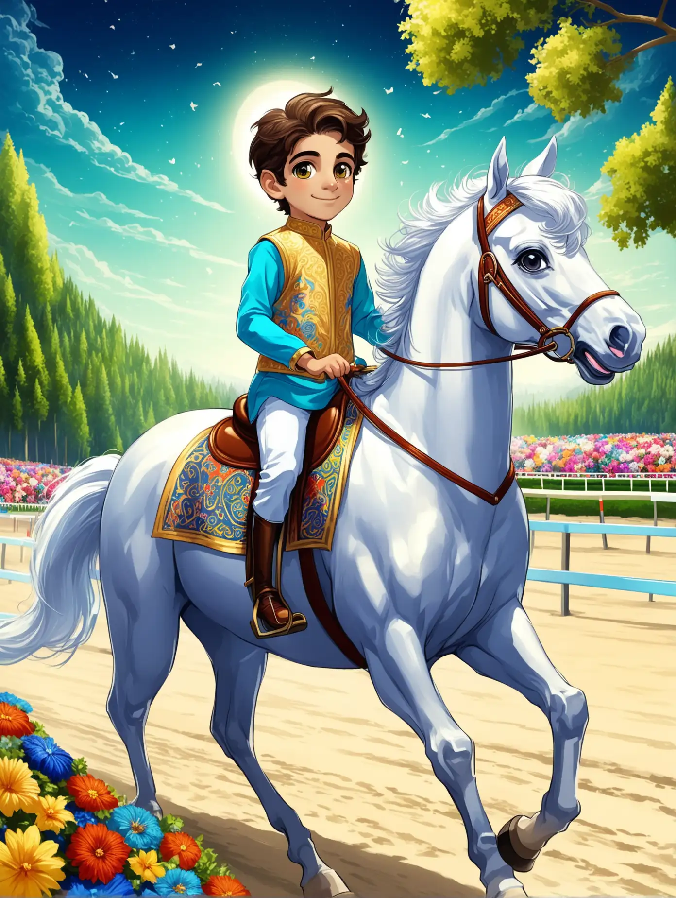 Character Persian 9 years old boy(riding horse, smaller eyes, bigger nose, white skin, cute, smiling, clothes full of Persian designs, heavenly boy).

Atmosphere high-tech horse racing field at beach, flowers, forest.