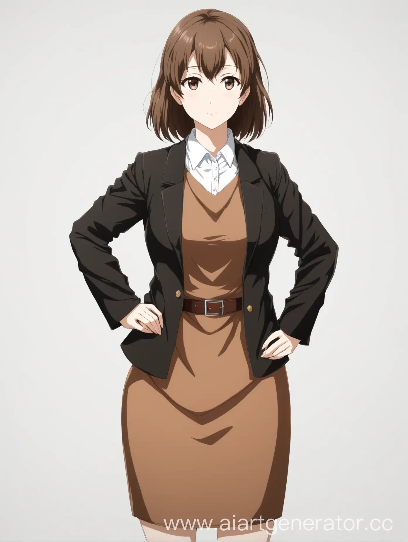 Аниме женщина-преподаватель в вузе, одета в коричневый сарафан и черный пиджак. Изолированный объект на белом фоне, фото по пояс