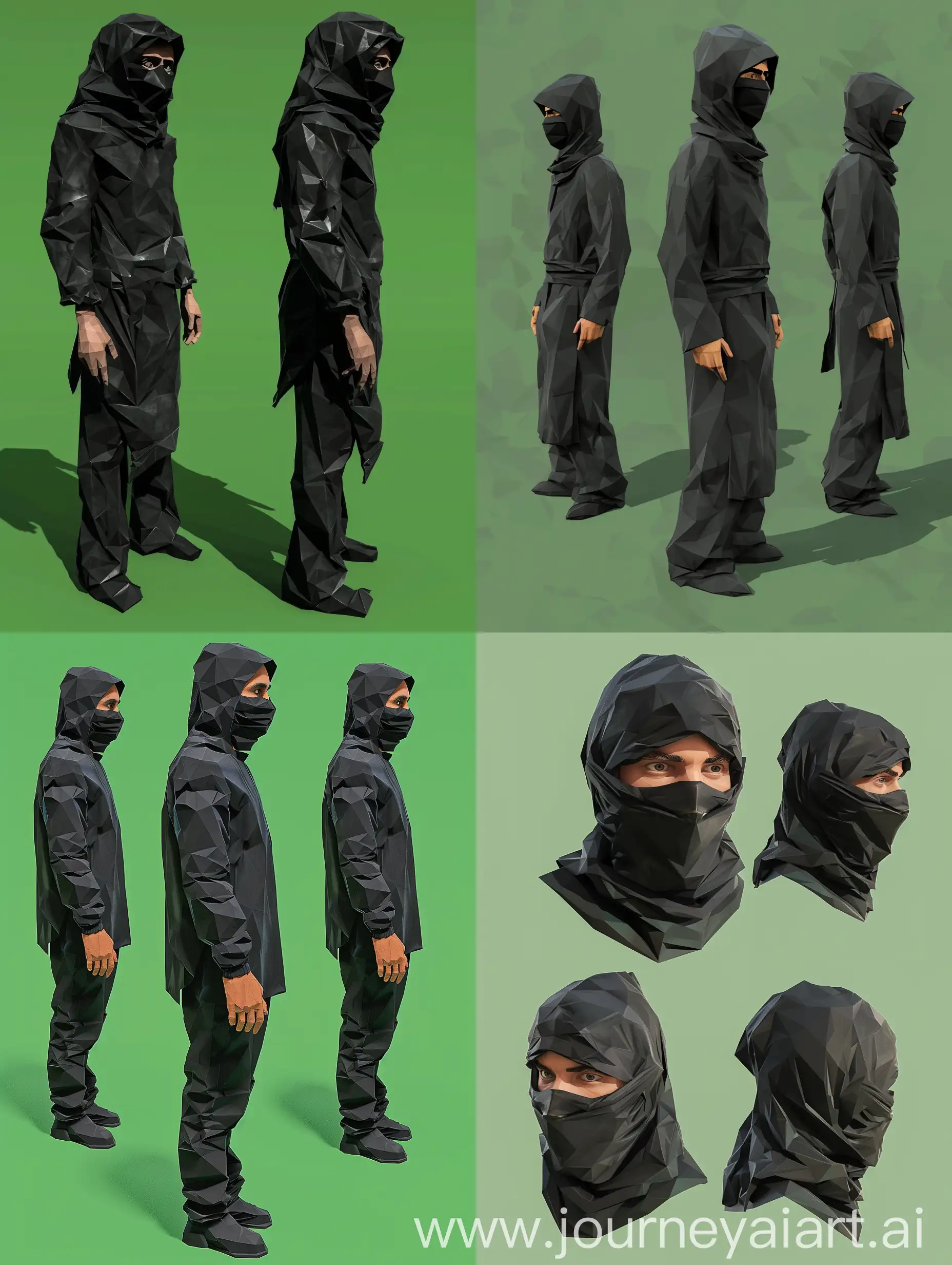 Low poly model in the blender of a man in his 30s in a black mask that covers the nose and mouth and a black hood on a green background in 3 different positions: front, back and side in full height from head to toe