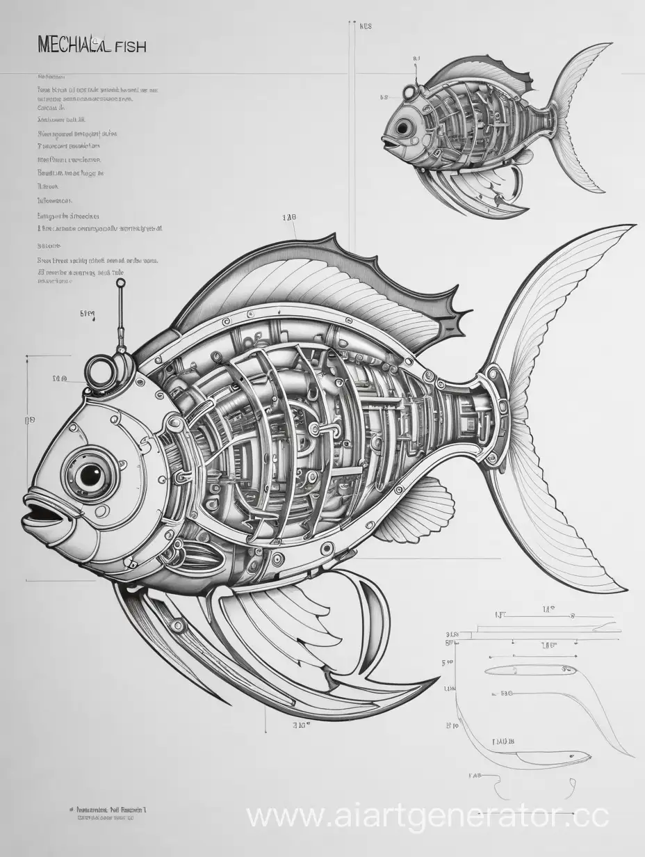 нарисуй механическую рыбу в подобном стиле в разрезе