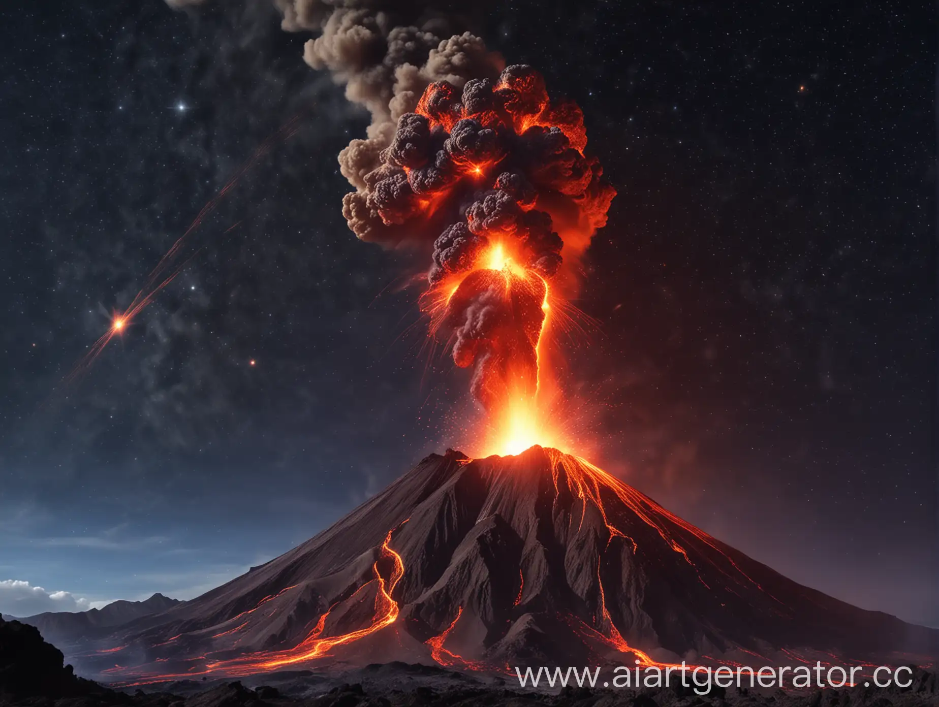 горящий вулкан, на фоне одинокой звезды