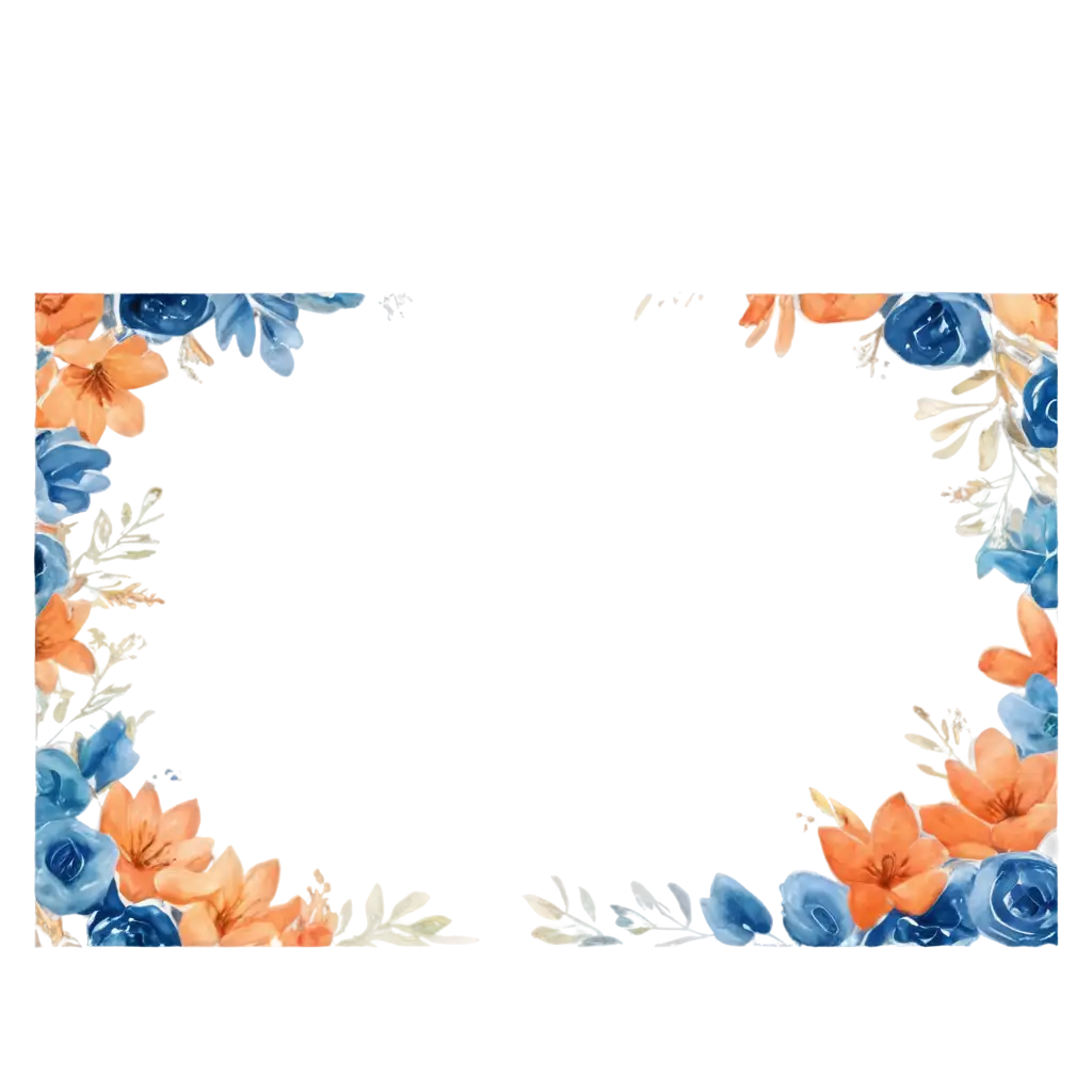 watercolour blue and orange flower border for a wedding on transparent background