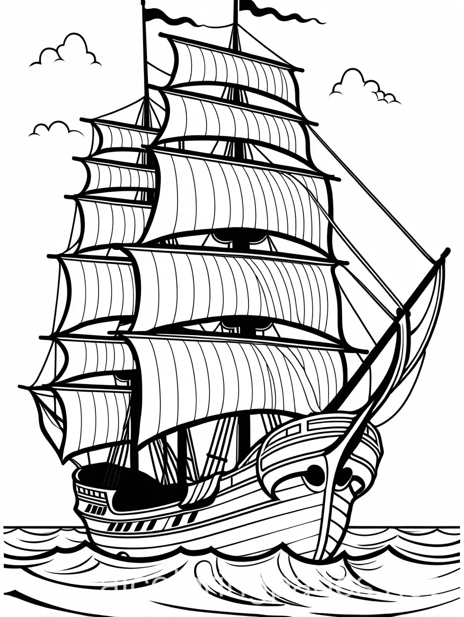 The Hispaniola Pirate ship slicing through the water, its sails billowing in the wind. Coloring in page for teens, line art, thick black outlines, ample white space making it easy to color in, no greyscale, no shading, Coloring Page, black and white, line art, white background, Simplicity, Ample White Space. The background of the coloring page is plain white to make it easy for young children to color within the lines. The outlines of all the subjects are easy to distinguish, making it simple for kids to color without too much difficulty