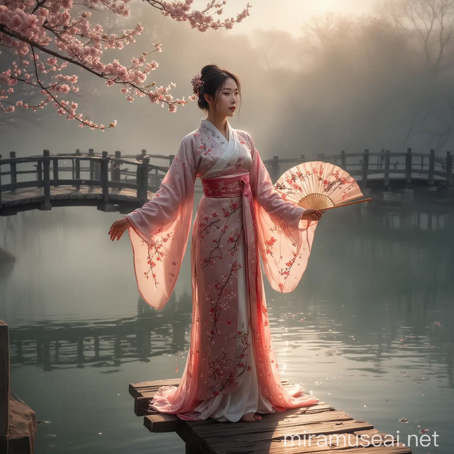 Chinese Woman in Traditional Attire with Fan on Bridge Amid Cherry Blossoms at Sunrise