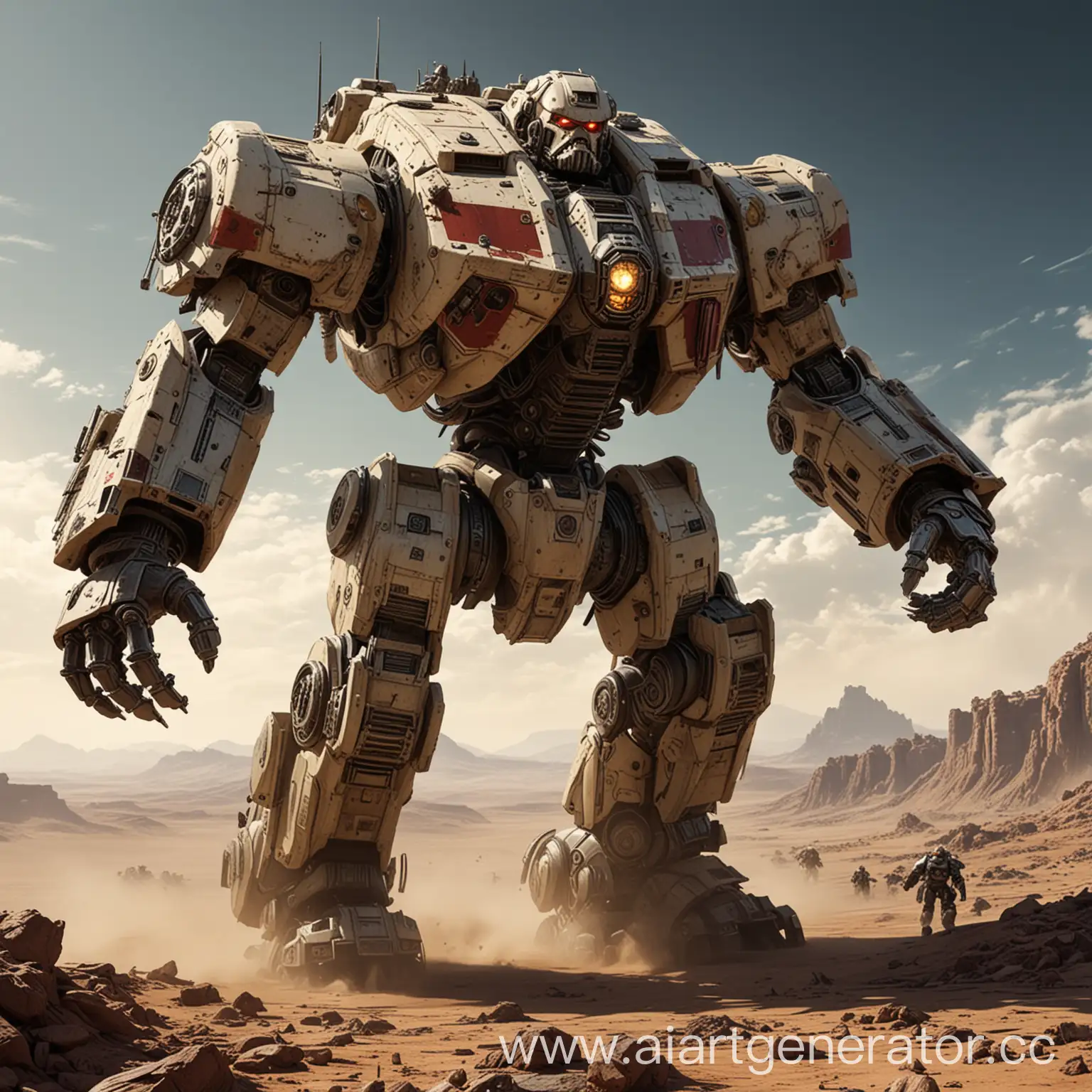 The massive Imperial Titan Robot (Warhammer 40000) is walking across the planet's surface during war. The weather is sunny, clear. The planet's surface is lifeless.