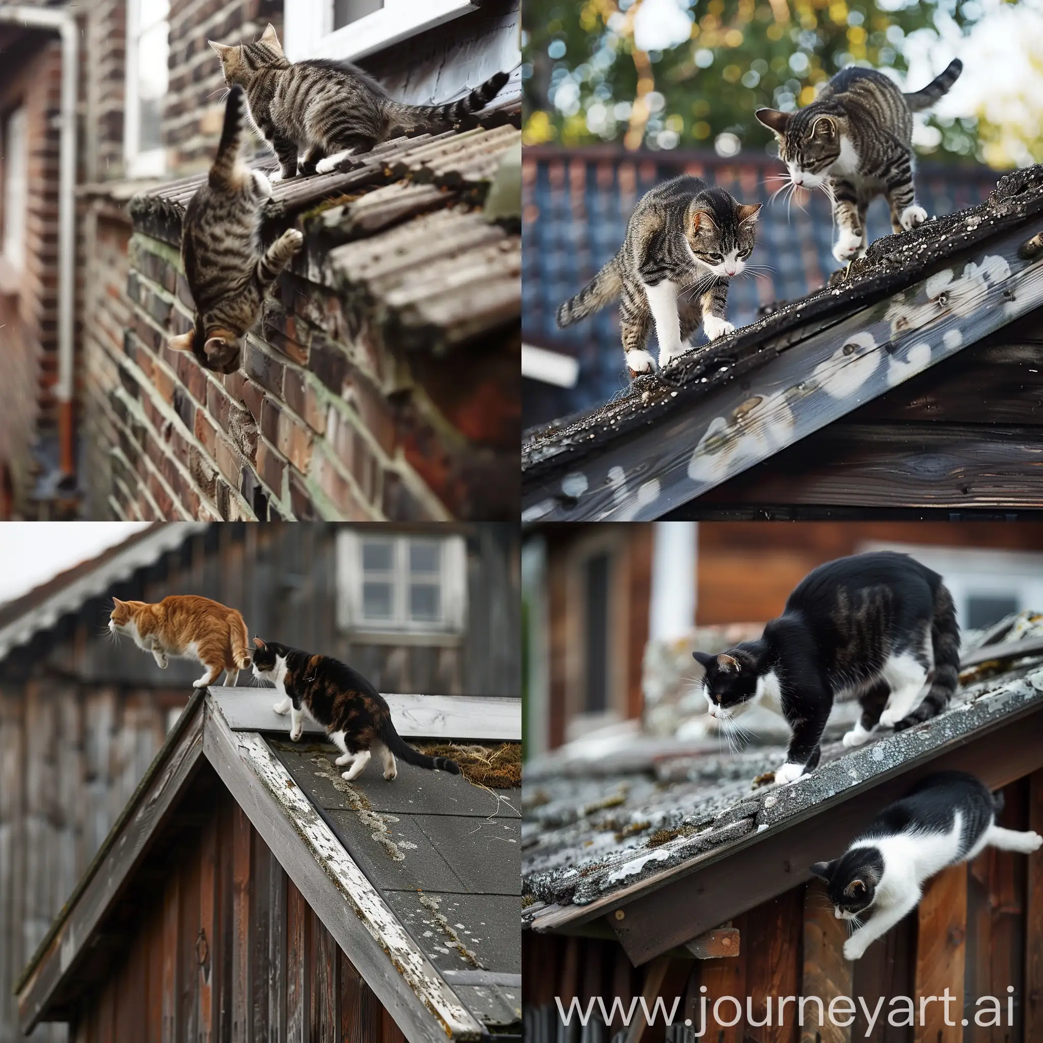 iki yaramaz kedinin evin çatısında oynaması