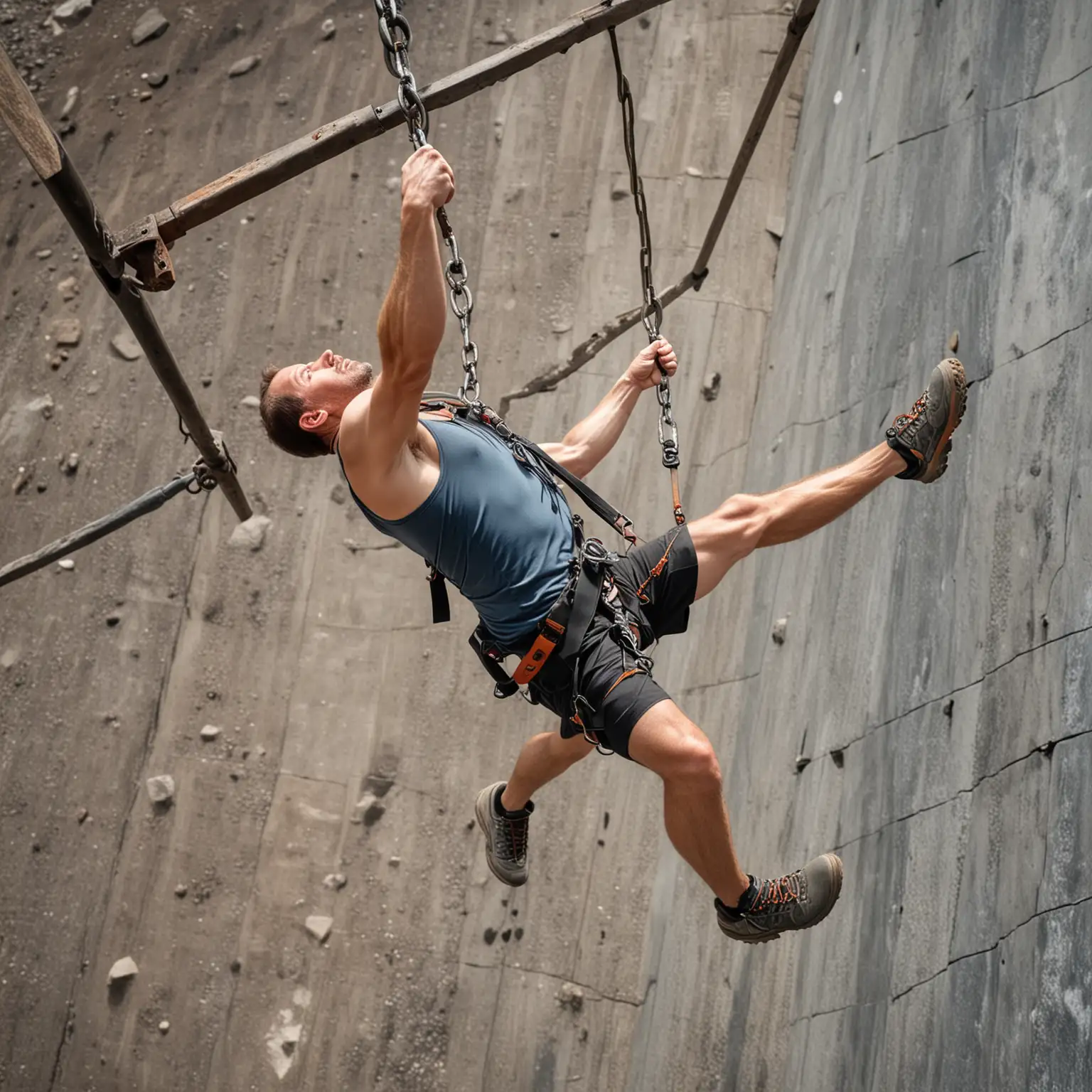 hd photo of climber middle aged short man hanging from metal beam looking down