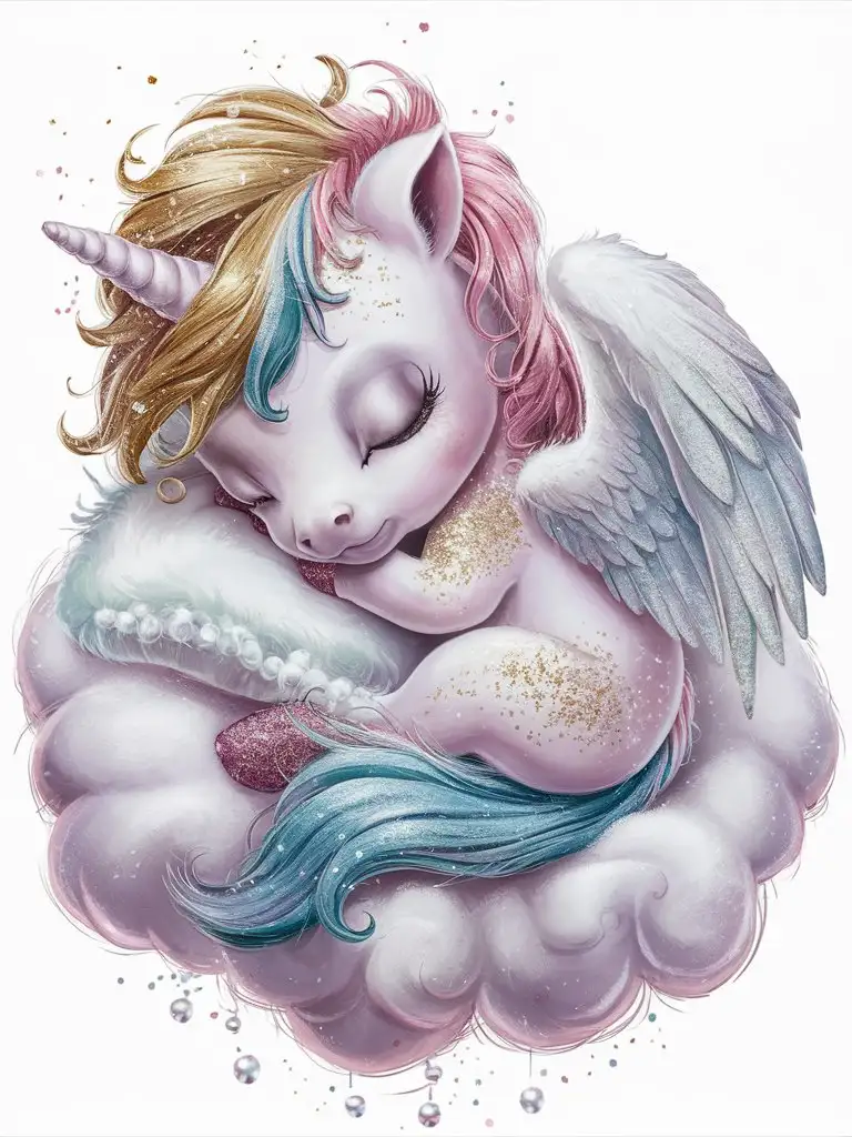 a beautiful unicorn baby with wings sleeping on a cloud, pastel rainbow colors, glitter and pearls, pink, gold, silver, blue, purple-green palette, white background, in the style of digital airbrushing, detailed illustrations of characters isolated on a white background, transparent background in png format