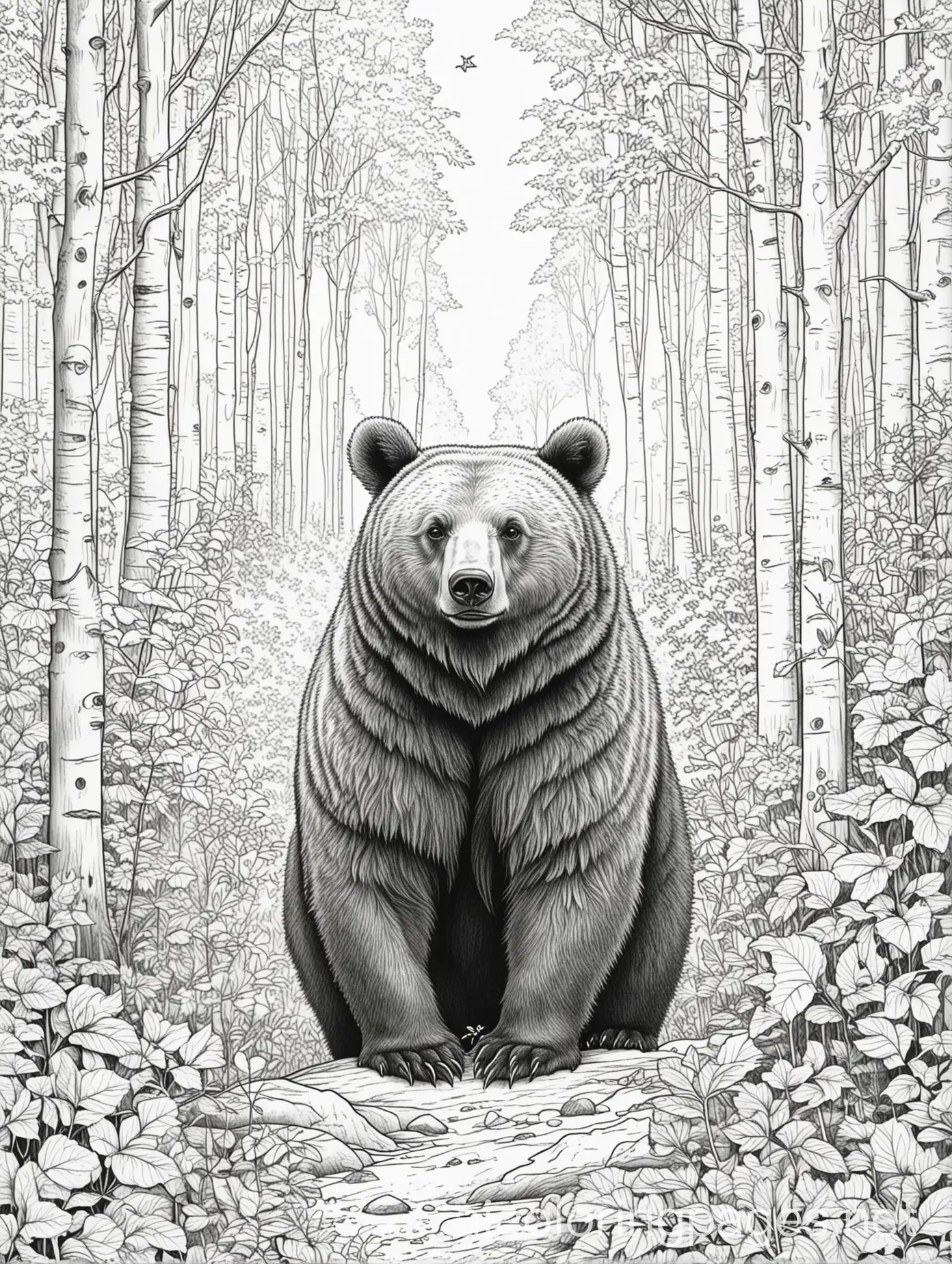 bear in the woods, Coloring Page, black and white, line art, white background, Simplicity, Ample White Space