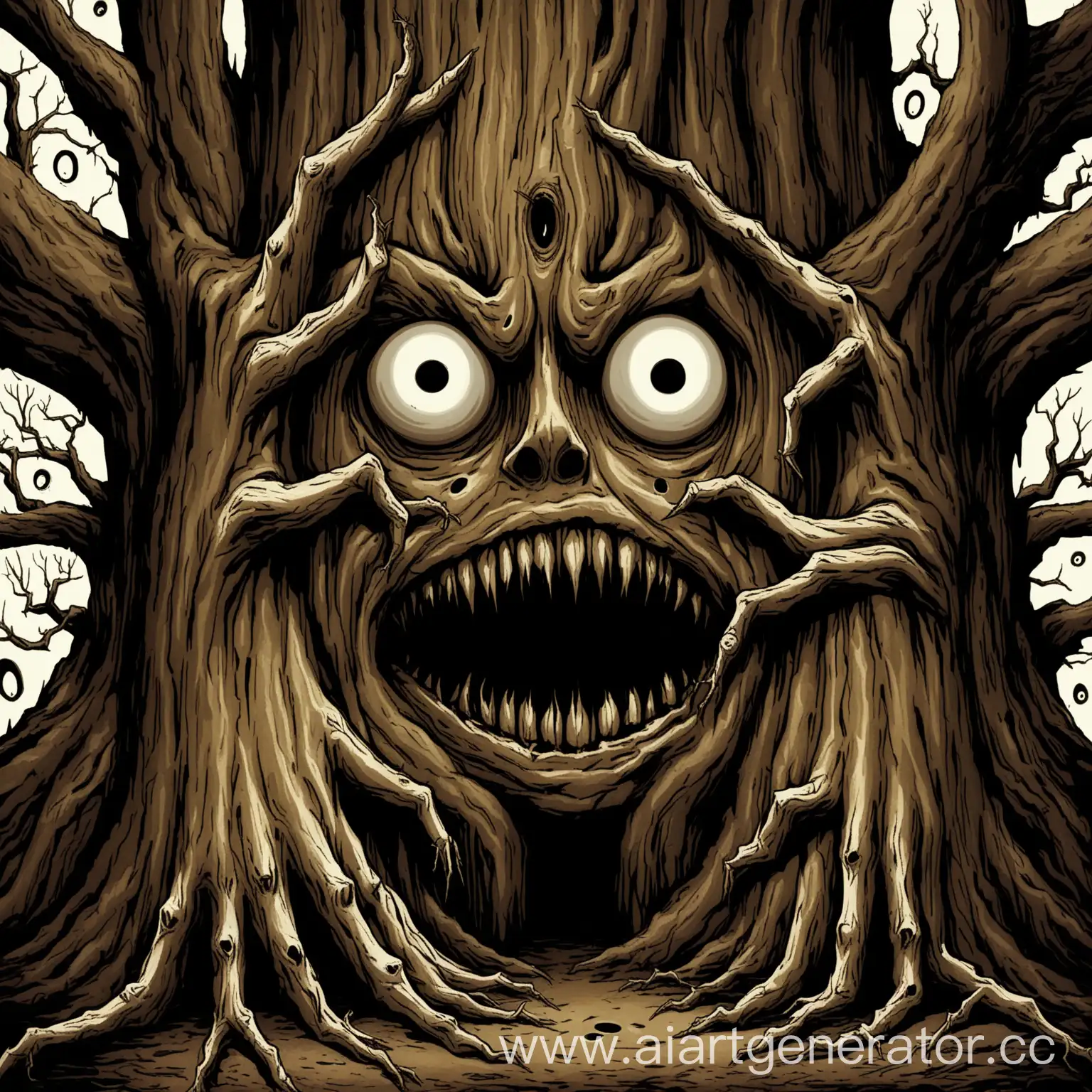 Большое дерево с страшным лицом, рот и глаза это дупла, руки это две ветки с кривыми длинными пальцами-палками.