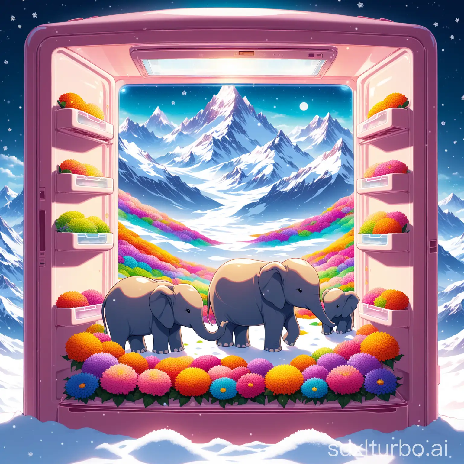 A herd of miniature, adorable elephants gathers inside a refrigerator, surrounded by a vibrant array of flowers. Within the depths of this appliance, snow-capped mountains rise majestically, creating an otherworldly scene reminiscent of a fantastical realm.