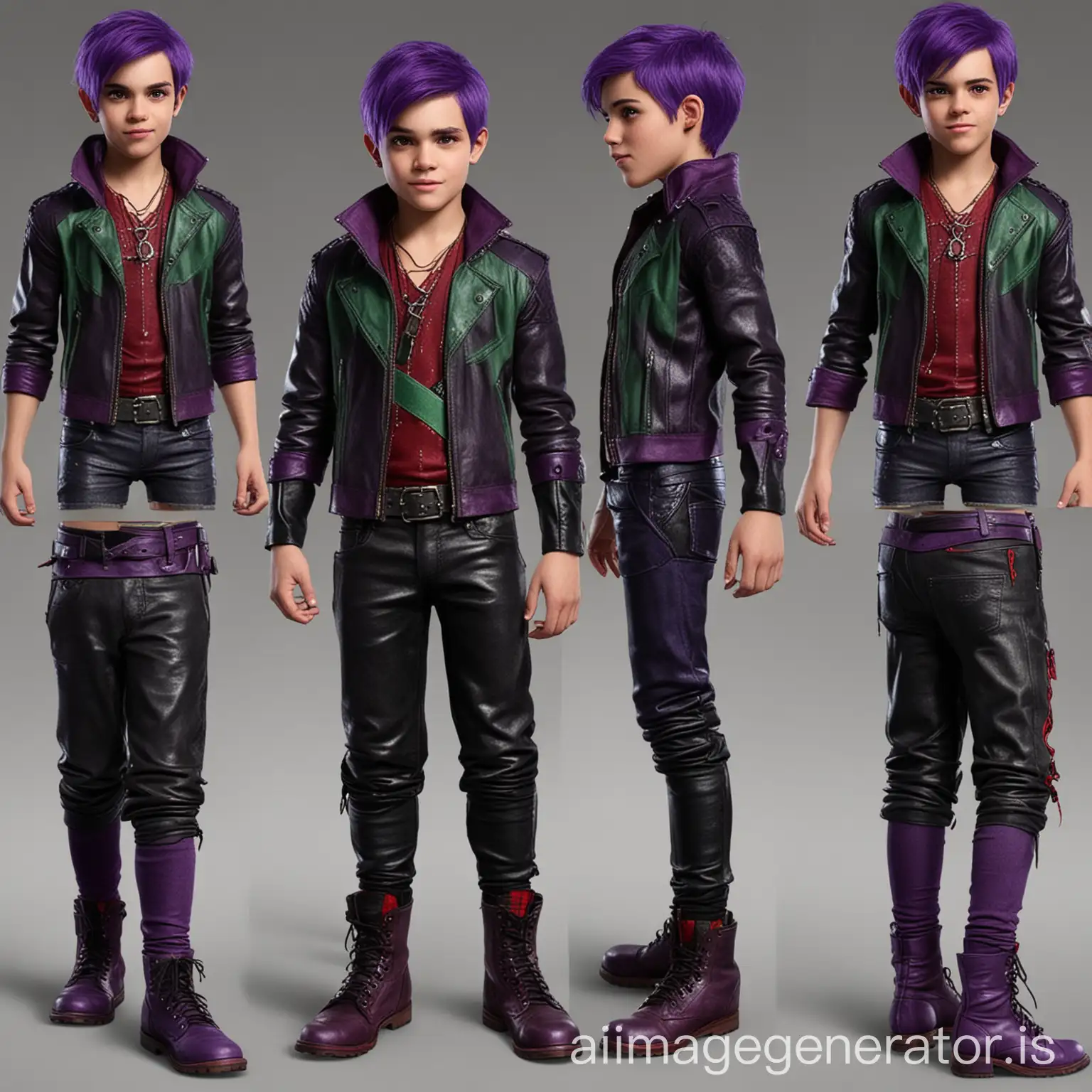 Create a villain outfit for a strong 8 year old boy villain with abs, short purple hair, cool, wicked, leather, shorts, comfortable yet intimidating, various shades of purple with hints of both green and red, both red and green should be included in every outfit but purple should be the main color, the shoes should also be colorful and match the outfit, similar to the outfits worn by VKs in the Disney movies descendants 