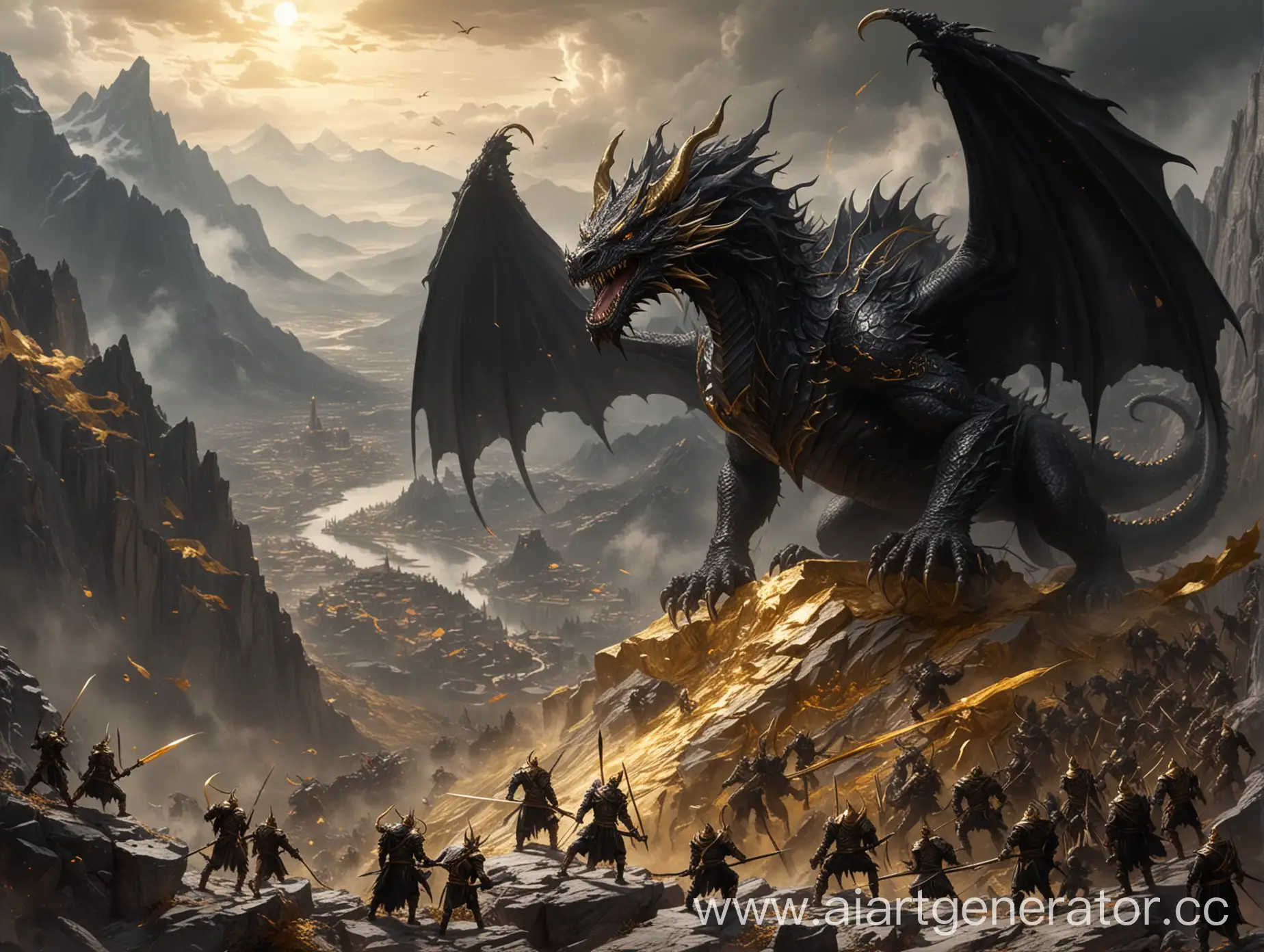очень огромный злой агрессивный черный  дракон на горе из золота вокруг люди с длинными копями