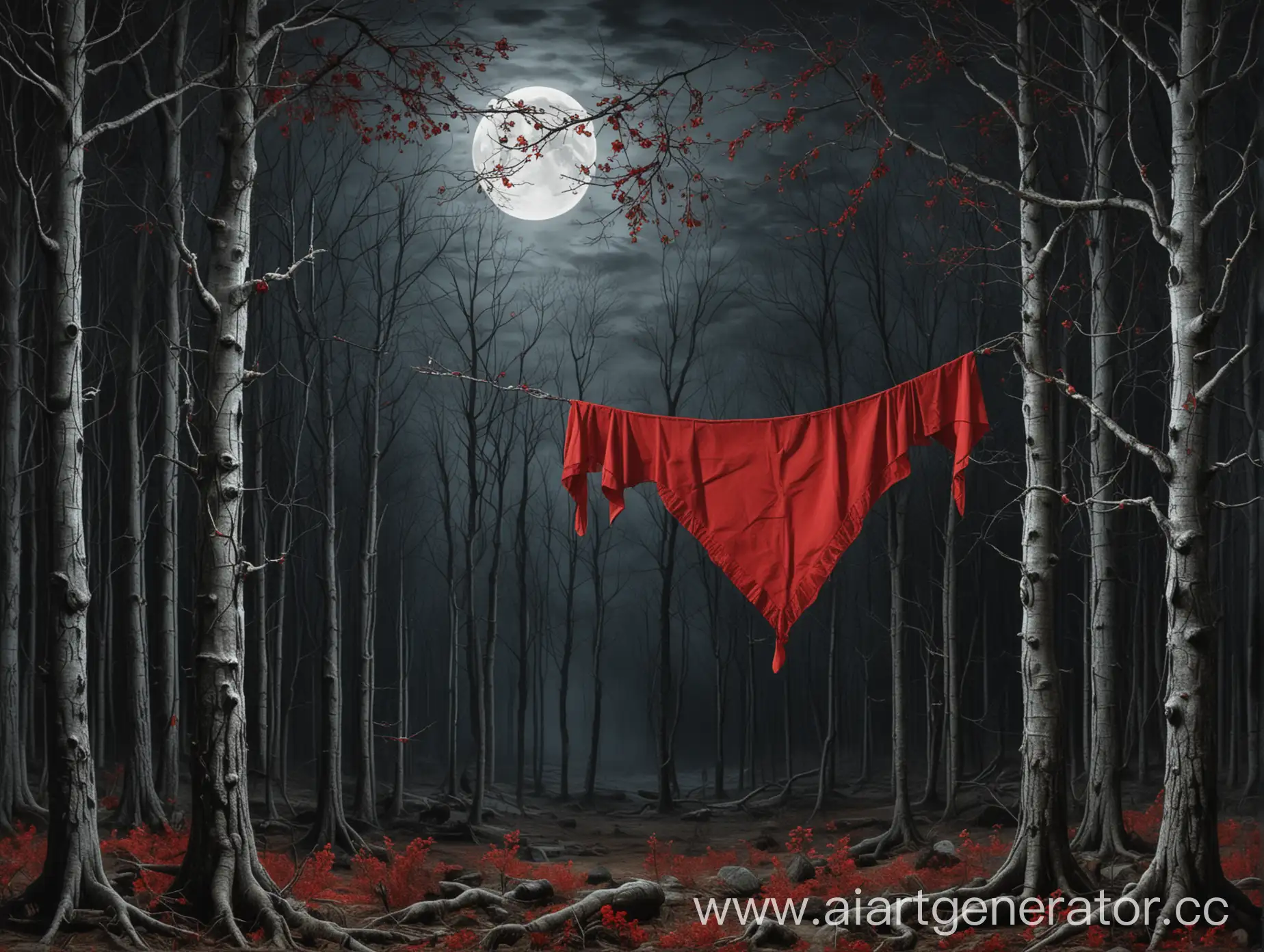темный лес, луна, на первом плане справа,ветка с висячей красным платком