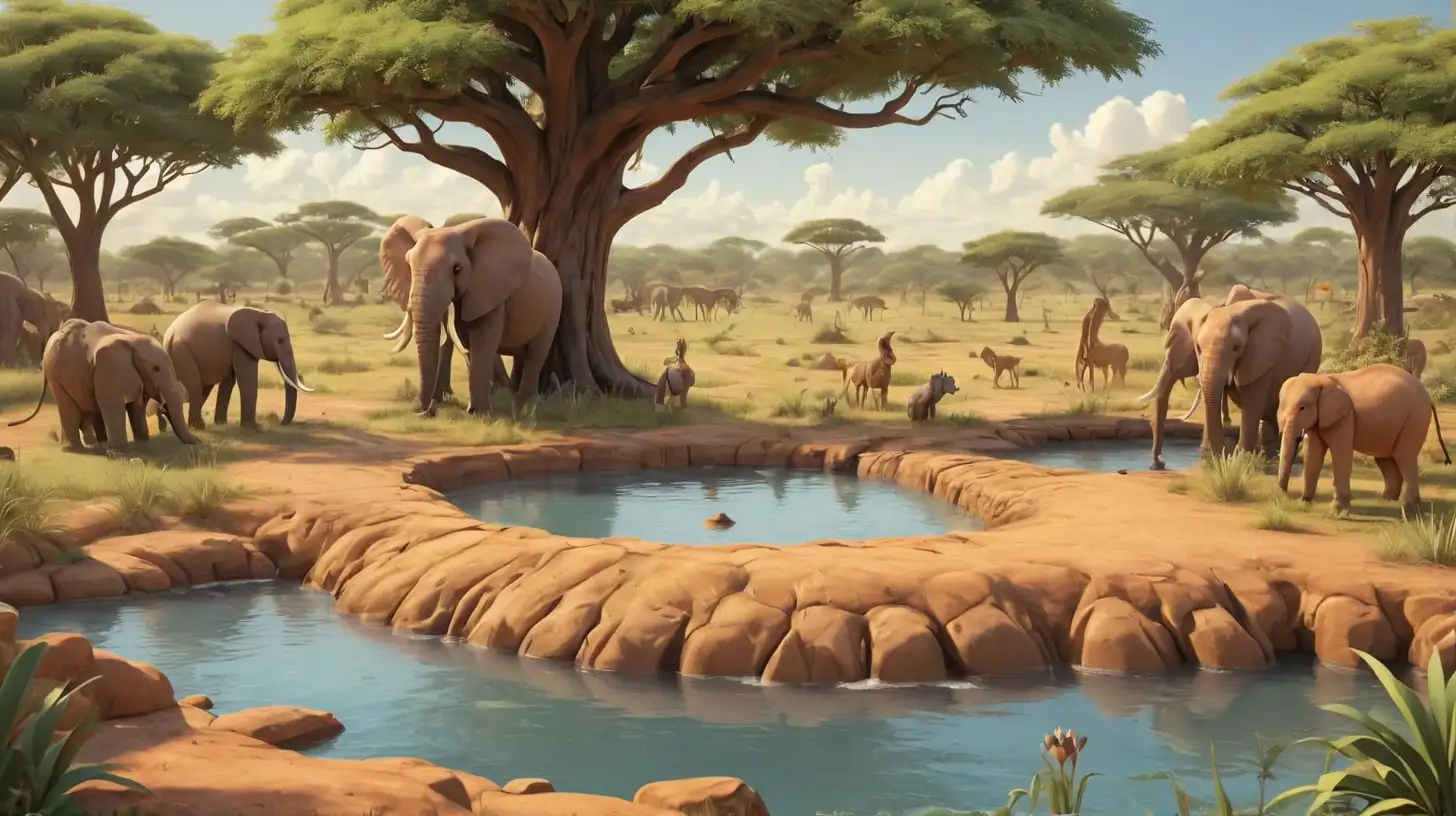 3d Disney illustration of a the African savanna water hole, whimsical 